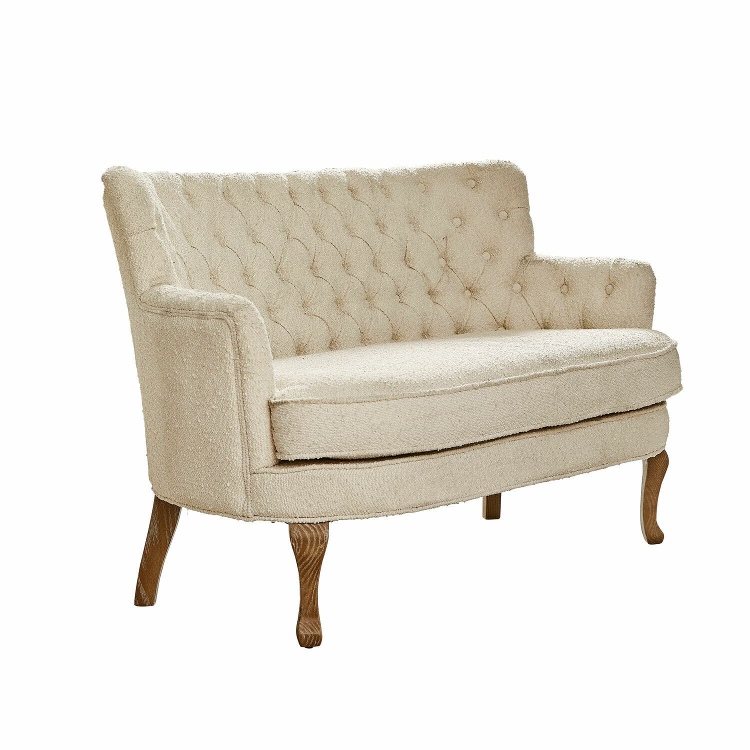 Sofa Calgary Zweisitziges Sofa in beigem Bouclé-Stoff mit Holzbeinen, elegantes Wohnzimmermöbel