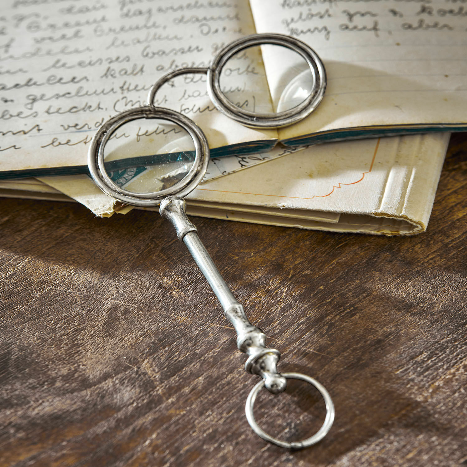 Metall-Lupe mit zwei runden Gläsern auf Holztisch neben offenem Buch