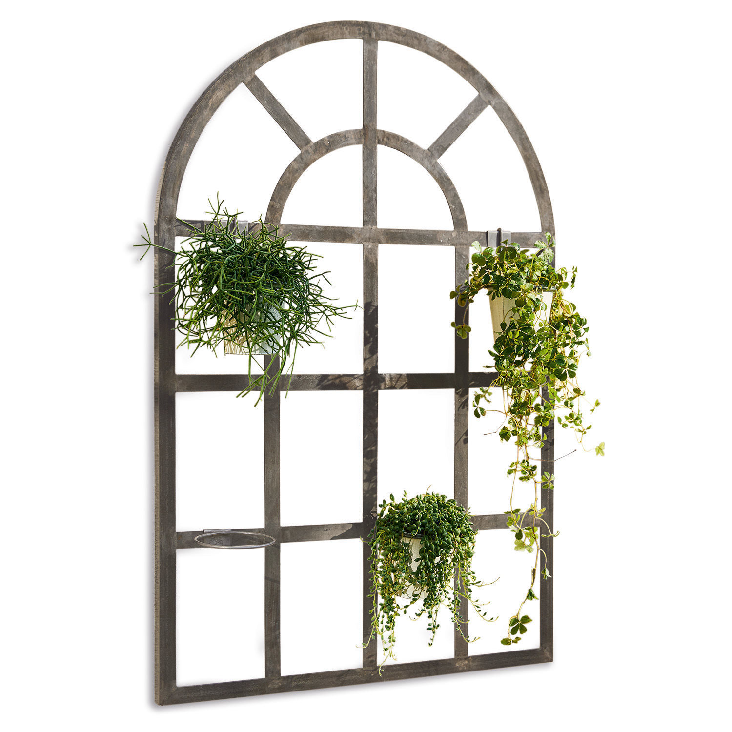 Pflanzregal Villandor Graue Metall-Wanddekoration in Fensterform mit Pflanzhaltern, ideal für Garten und Innenbereich