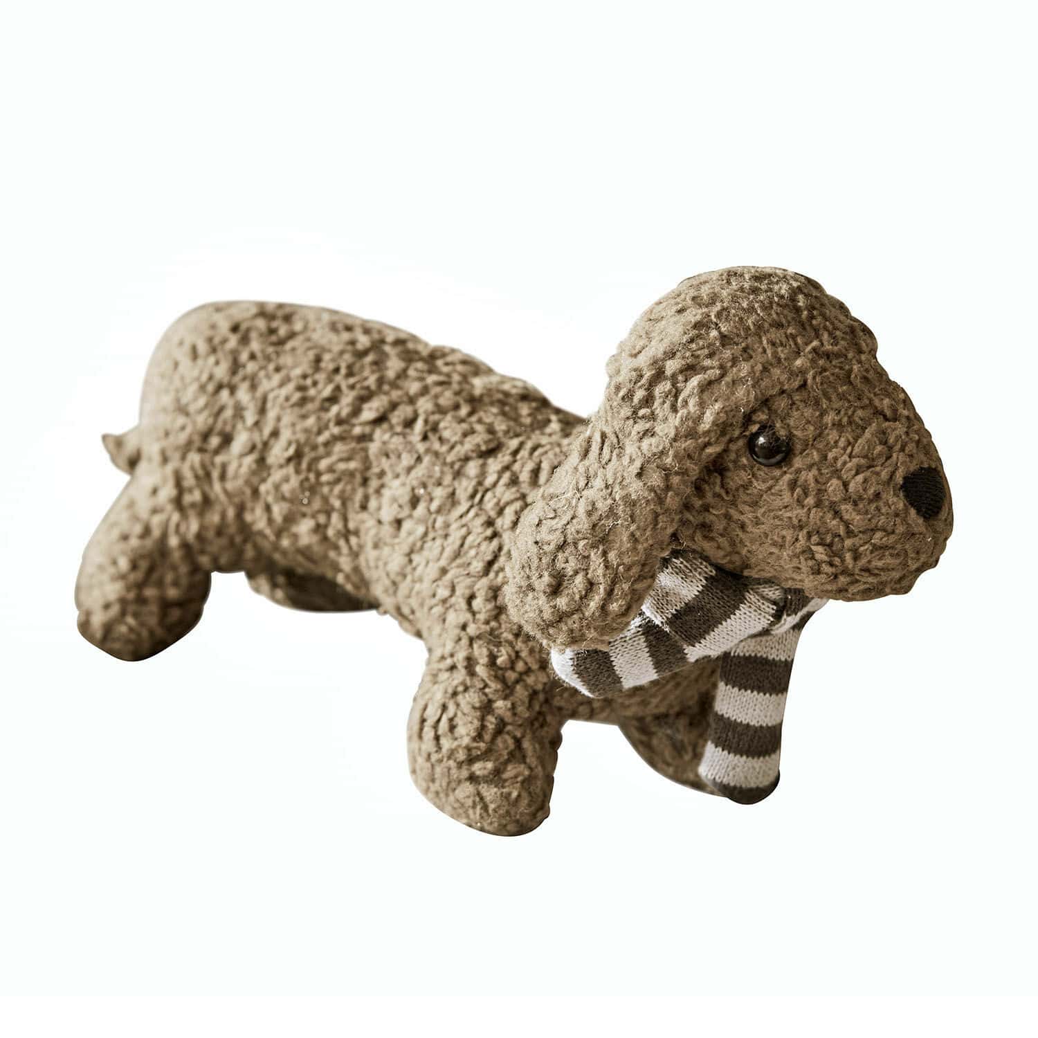 Rassel-Stofftier Frolicks Brauner Plüschhund aus weichem Material mit grau-weiß gestreiftem Schal, Wohnaccessoire