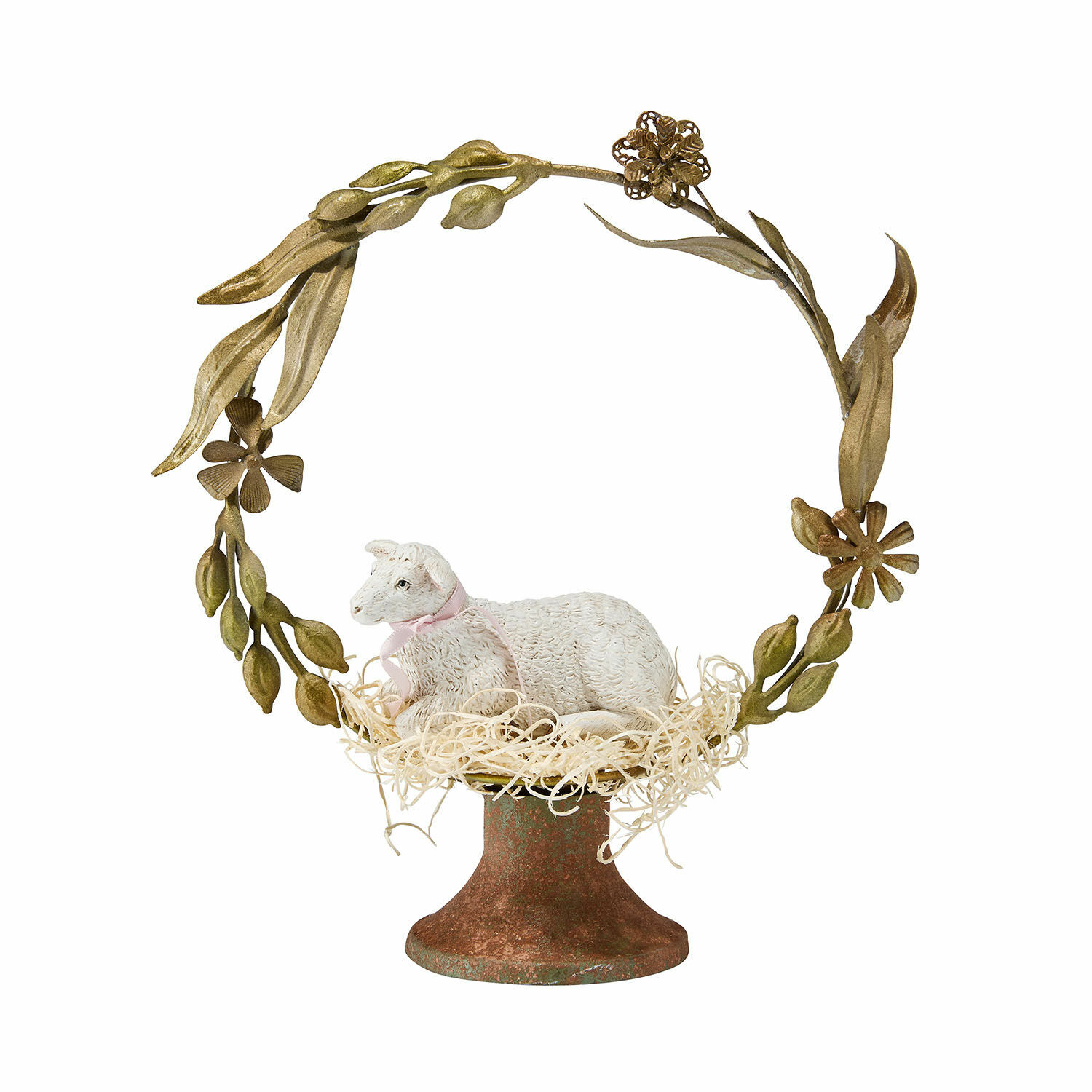 Deko-Objekt Jorilev Dekorative Schaf-Figur auf Metallfuß mit grünen Blättern und Blumen, Frühlingsdekoration