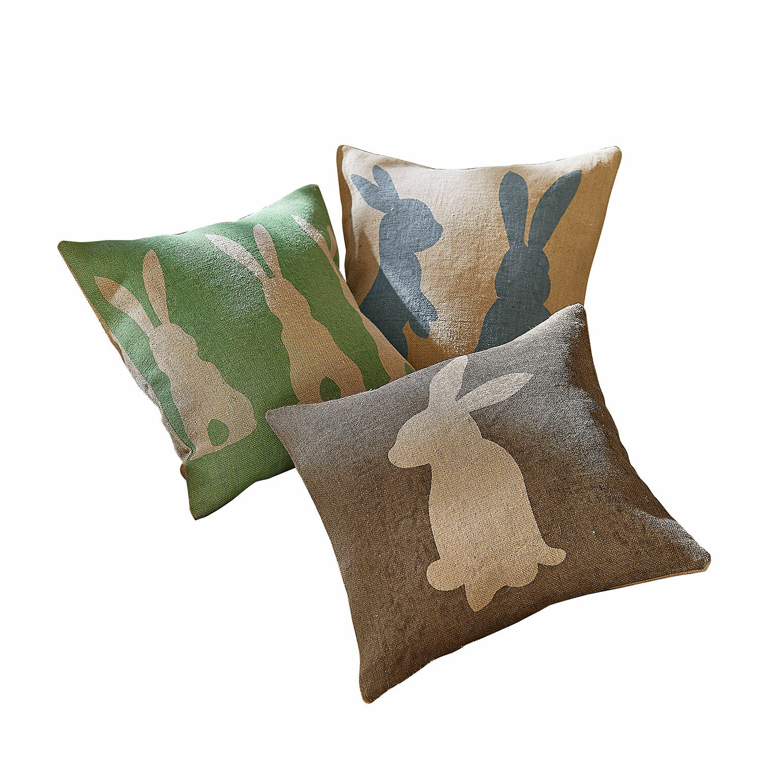 Kissenhülle 3er Set Namirah Drei Leinenkissen mit Hasenmotiv in Grün, Beige und Braun für gemütliche Wohnraumgestaltung
