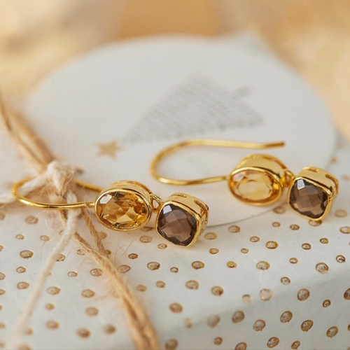 Goldene Ohrringe mit zwei braunen Steinen auf dekorativem Papier mit Tannenbaum-Motiv