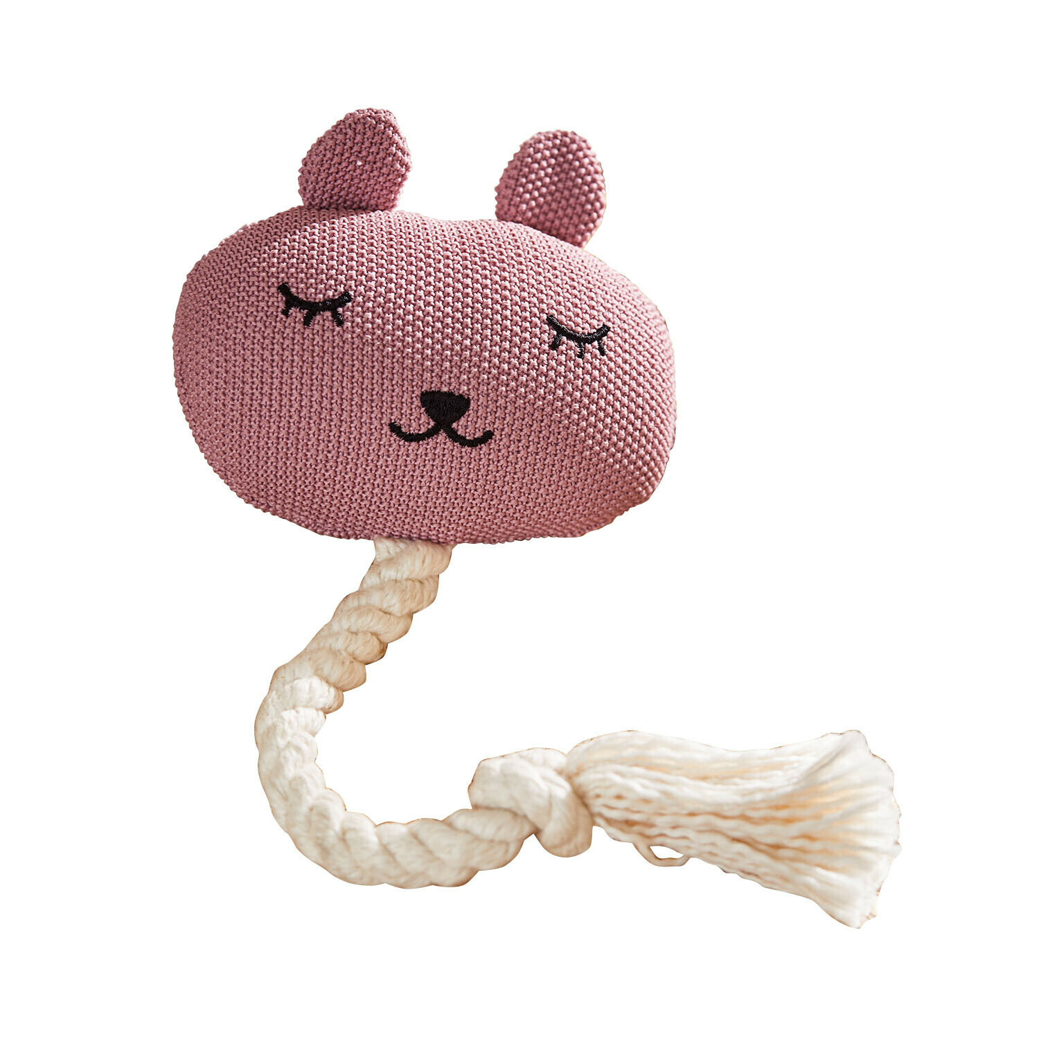 Katzenspielzeug Miezmo Gestricktes rosa Tierkopf-Spielzeug mit weißem Seil für Kinder zum Spielen
