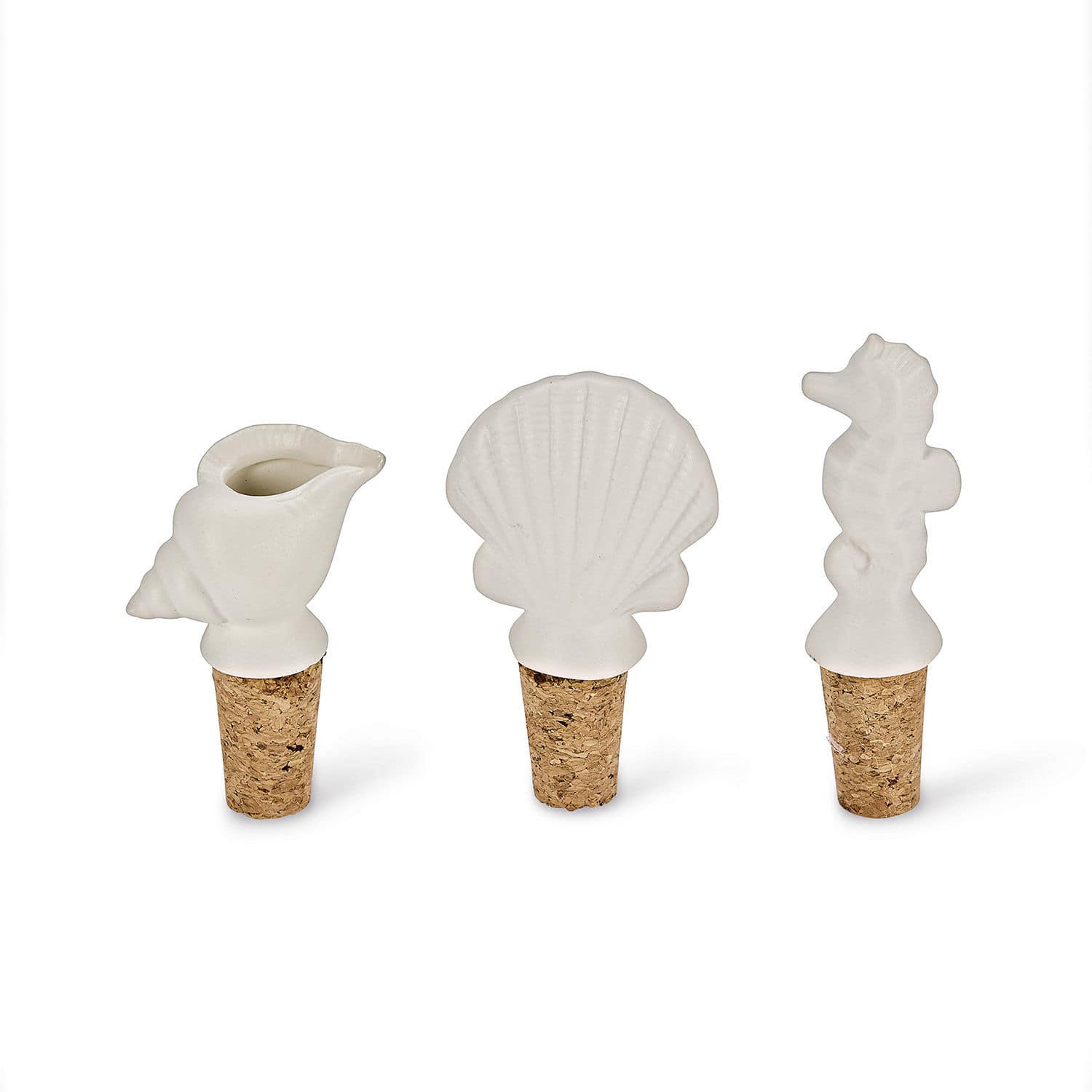 Flaschenverschluss 3er Set Frisennier Set aus weißen Keramik-Flaschenkorken in Form von Muschel, Seepferdchen und Meeresschnecke