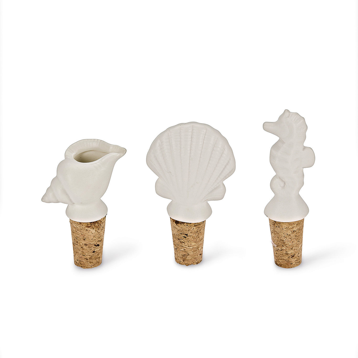Flaschenverschluss 3er Set Frisennier Set aus weißen Keramik-Flaschenkorken in Form von Muschel, Seepferdchen und Meeresschnecke