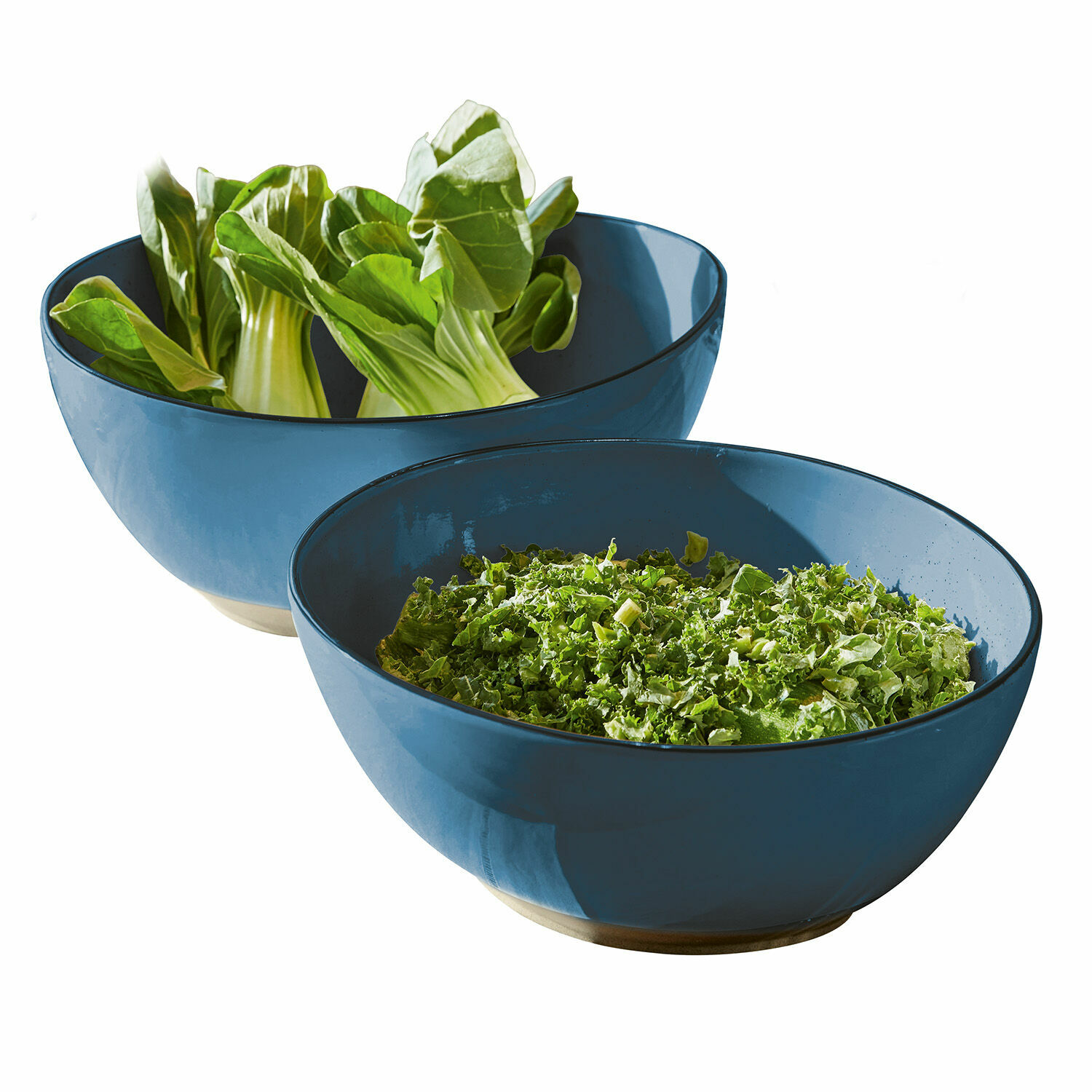 Salatschüssel 2er Set Biarré Zwei blaue Keramikschalen mit grünen Salatblättern, ideal für Salate und Küche