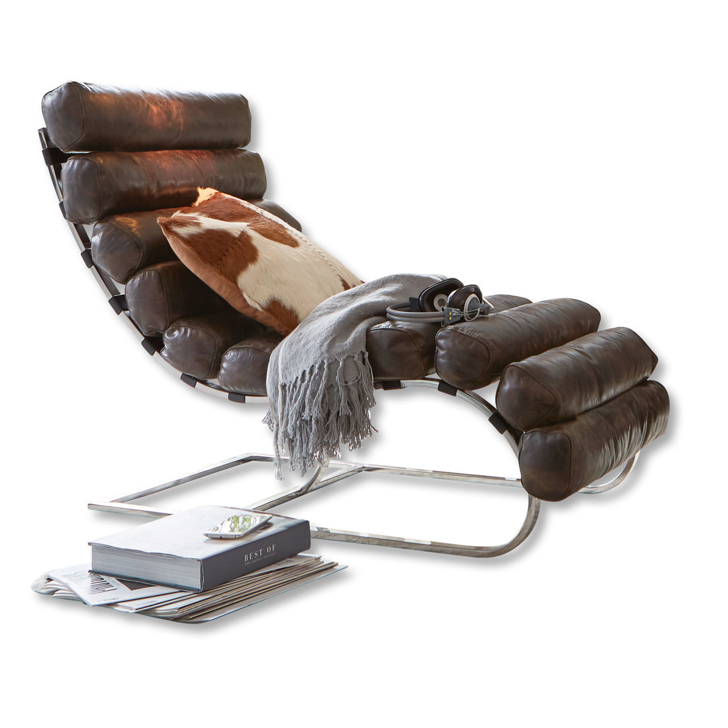 Lounger Davyss Moderner Liegestuhl aus braunem Leder mit Metallgestell, Kissen und grauem Plaid zum Entspannen
