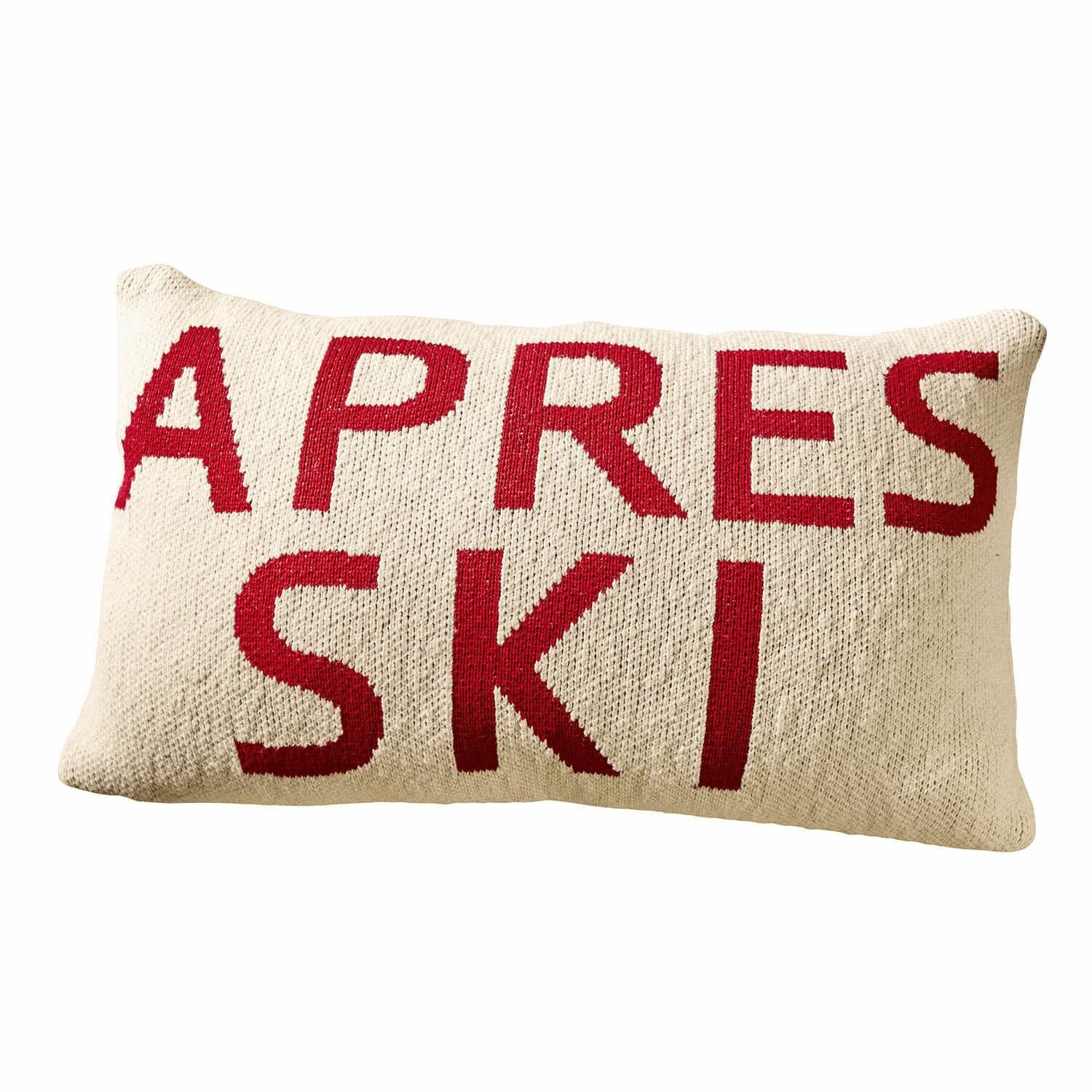 Kissenhülle Apres Ski Rechteckiges cremefarbenes Strickkissen mit rotem Apres Ski Schriftzug als Wohnaccessoire