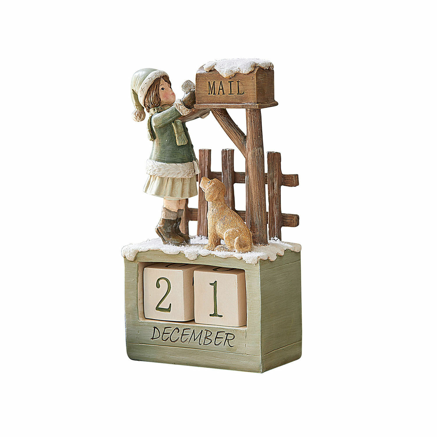 Kalender Leonce Holz-Adventskalender mit Mädchen- und Hundfigur an grün-beiger Schneepostkasten-Dekoration