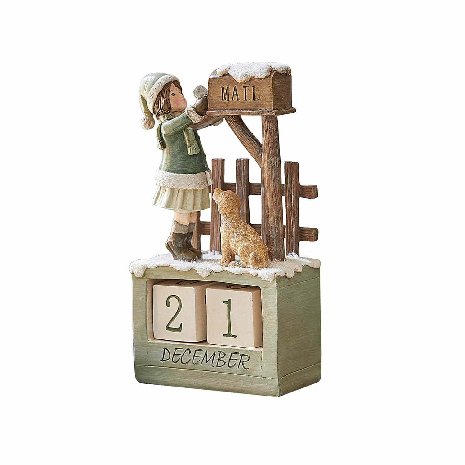 Kalender Leonce Holz-Adventskalender mit Mädchen- und Hundfigur an grün-beiger Schneepostkasten-Dekoration