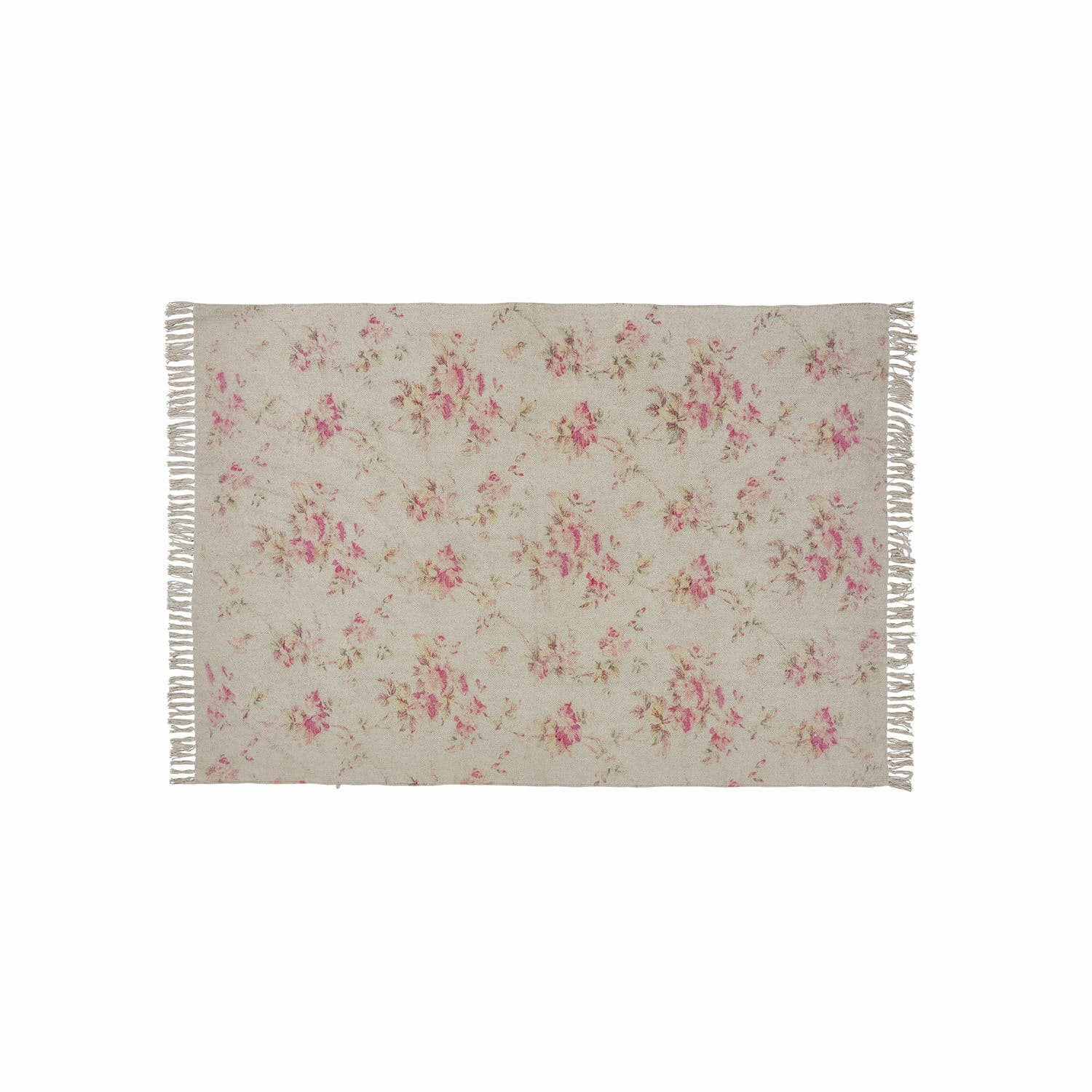 Beigefarbener Teppich mit floralem Muster und Fransen, weiches Material, Vintage-Wohnaccessoire