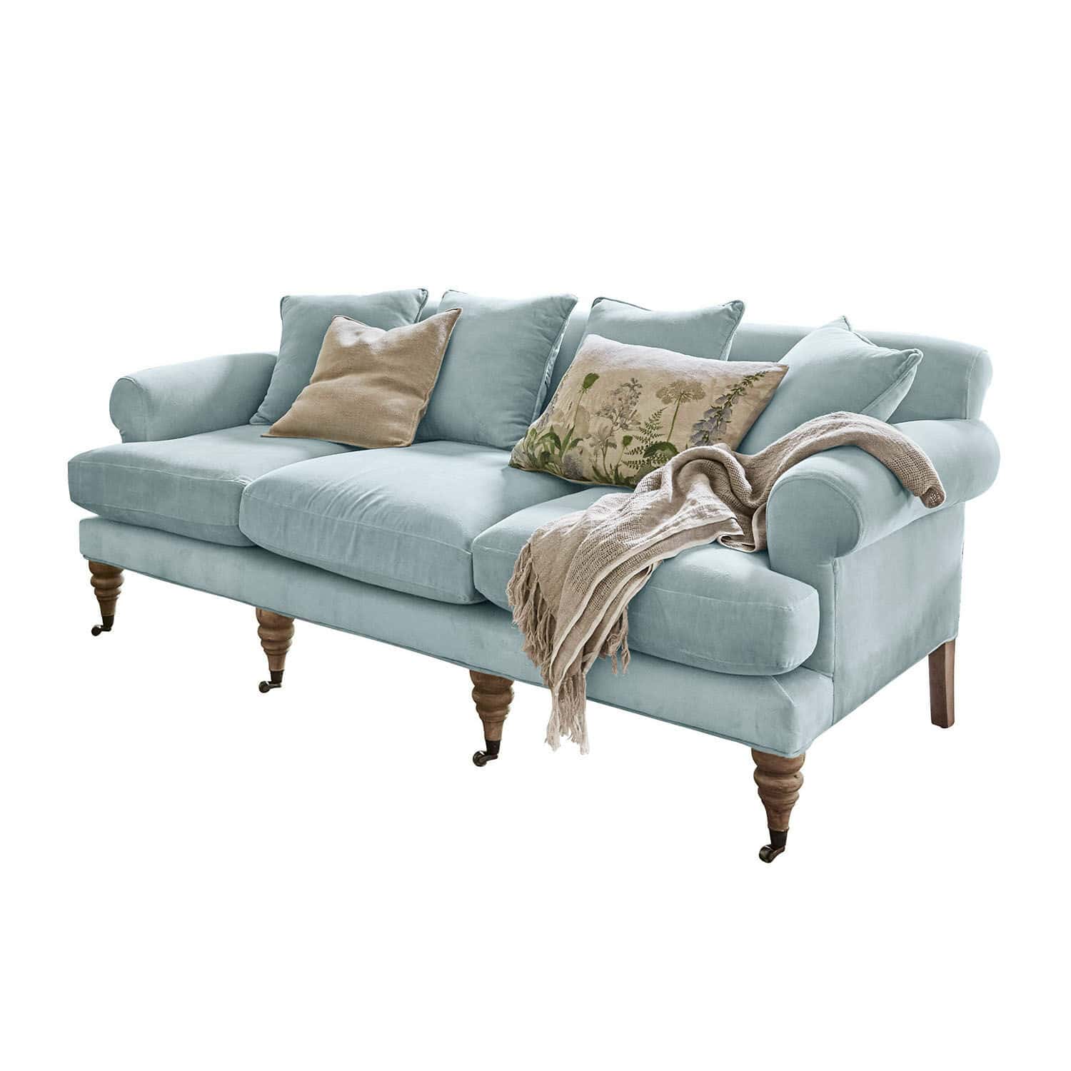 Sofa Kazimir Weiches hellblaues Samtsofa mit Kissen und beiger Decke, komfortables Wohnzimmermöbel