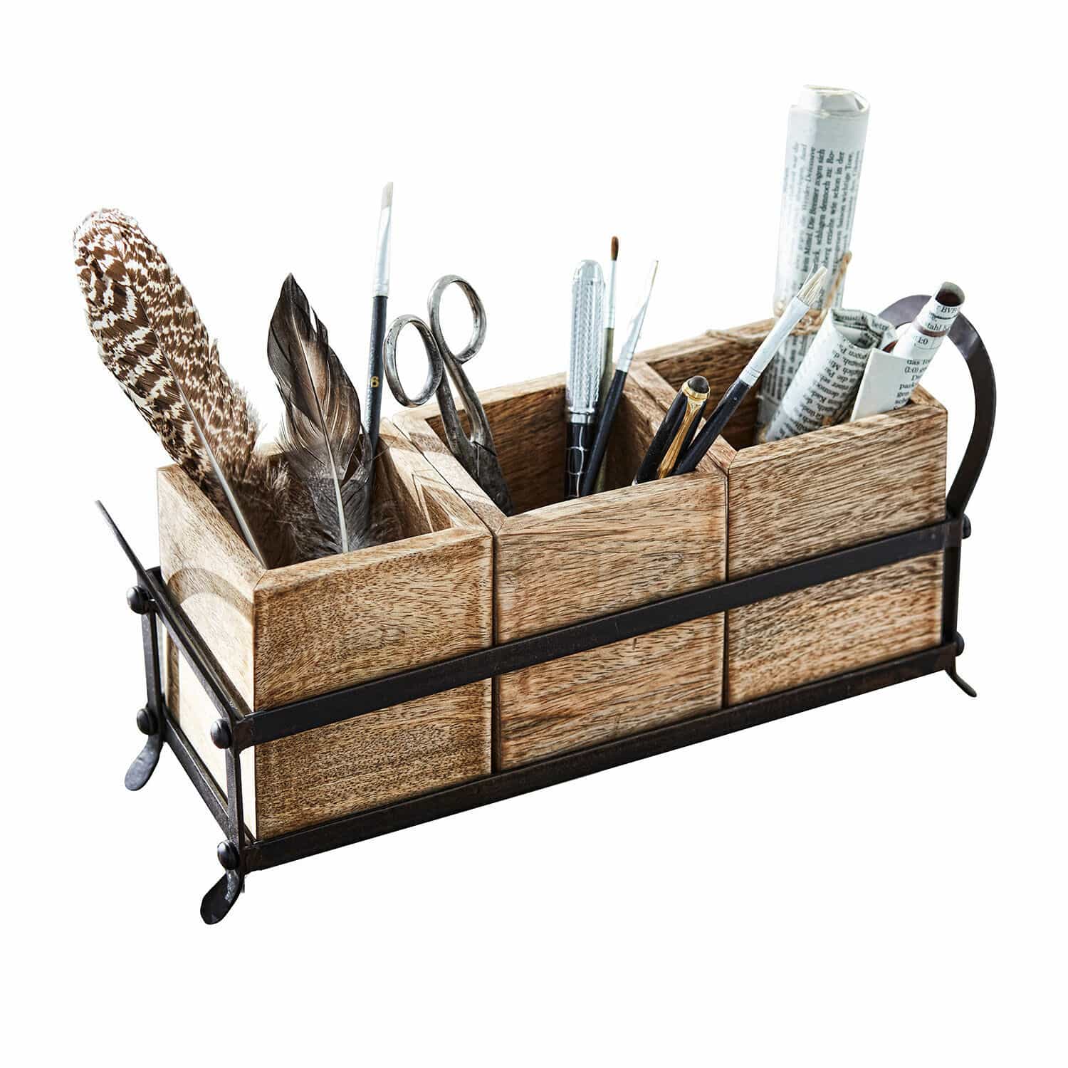 Organizer Lasse Schreibtisch-Organizer aus Holz und Metall in Naturfarbe mit Federn und Schreibutensilien