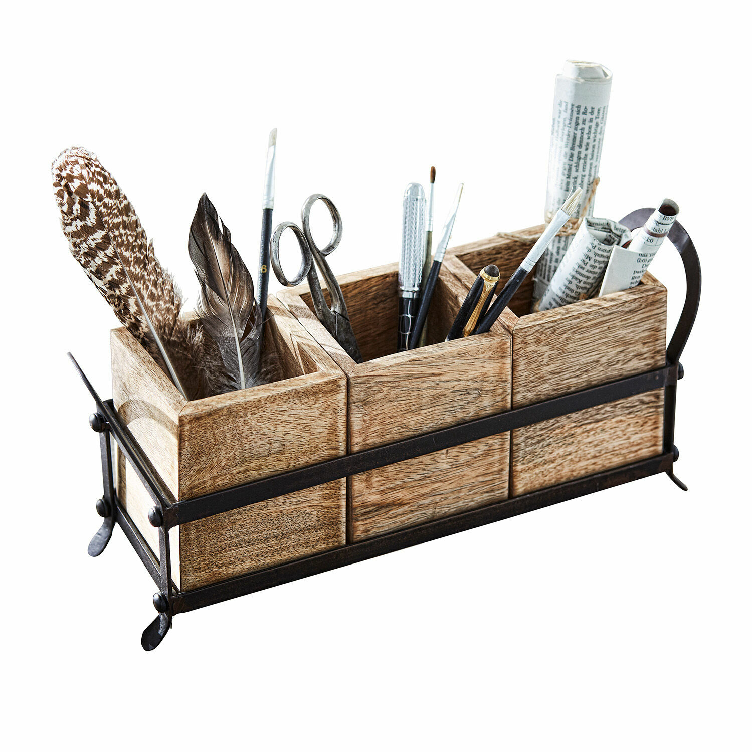 Organizer Lasse Schreibtisch-Organizer aus Holz und Metall in Naturfarbe mit Federn und Schreibutensilien