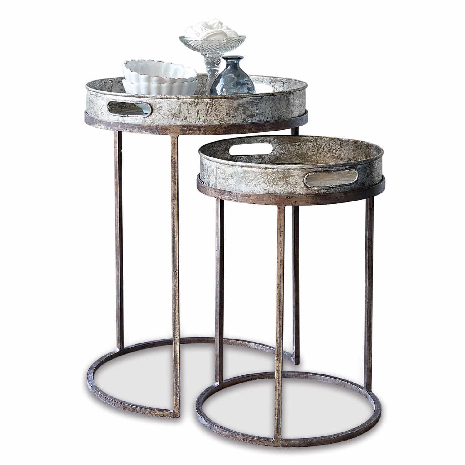 Beistelltisch 2er Set Saint Mark Set aus zwei runden Beistelltischen aus Metall in Silber-Braun für Wohnzimmer