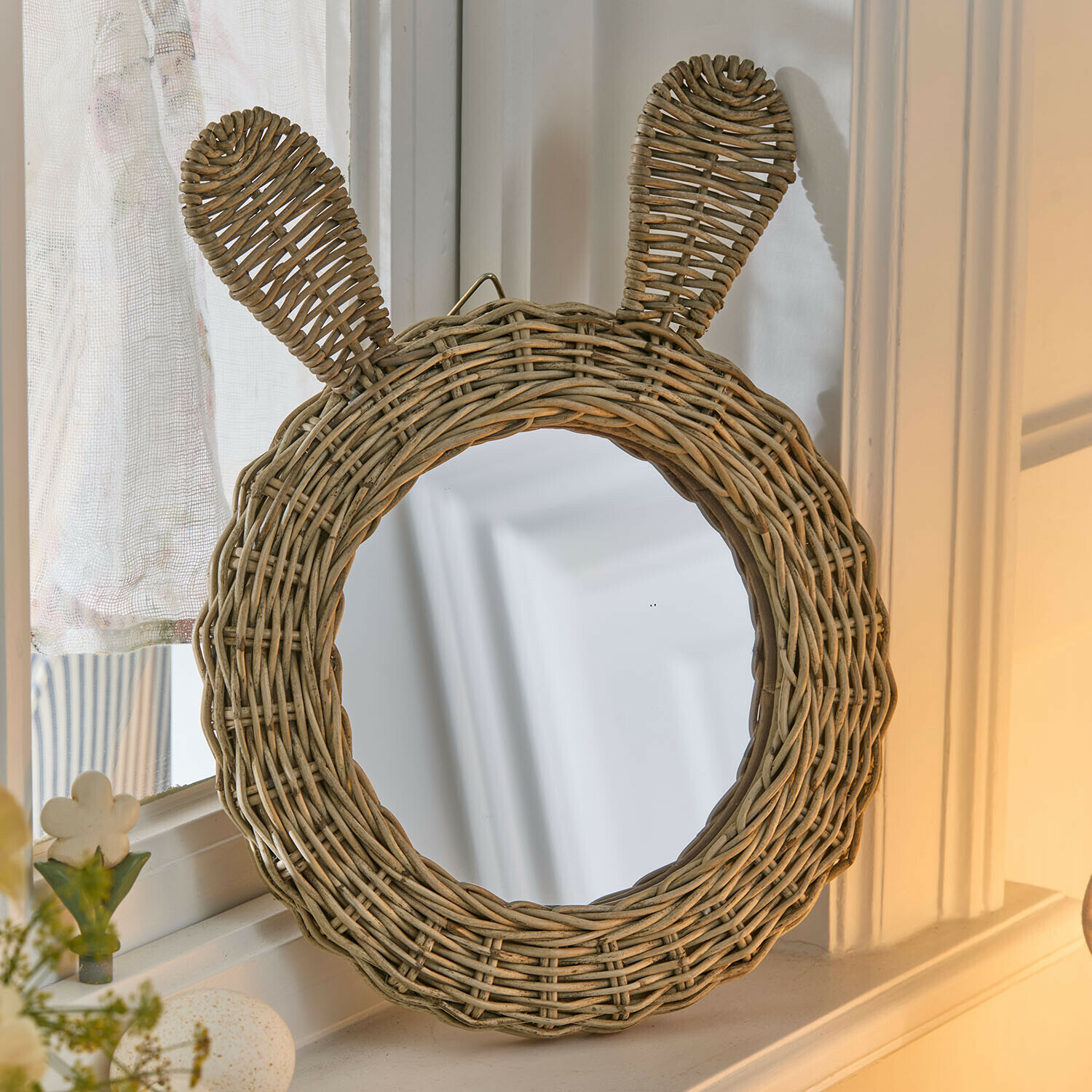 Runder Spiegel aus natürlichem Rattan mit Ohren, Wanddekoration für Kinderzimmer