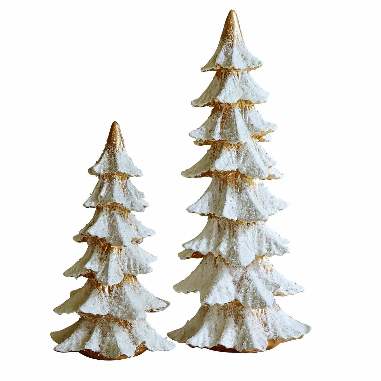 Deko-Baum 2er Set Norbury Zwei dekorative Keramik-Weihnachtsbäume mit weißem Schnee und goldenen Akzenten als festliche Deko