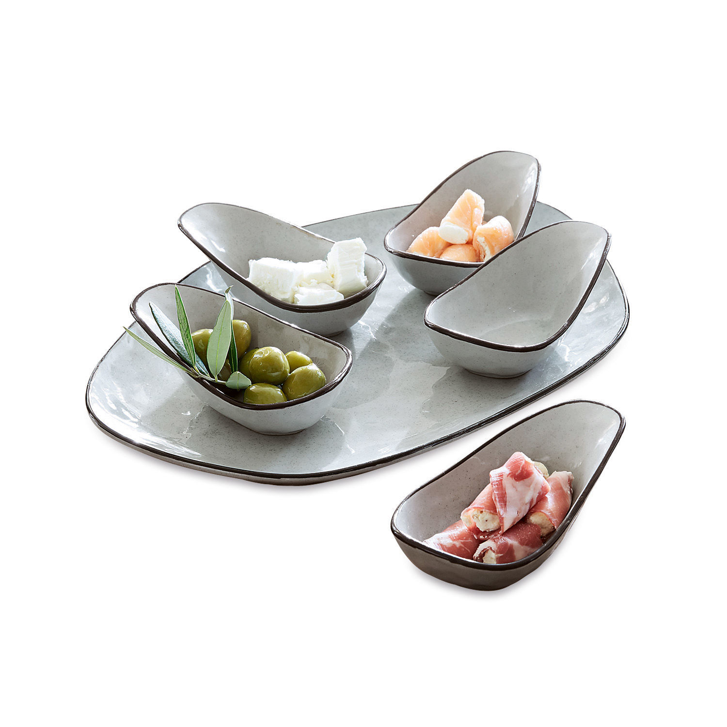 Servierschälchen 6er Set Biarré Set aus grauen Keramikschalen für Vorspeisen mit Oliven und Käse
