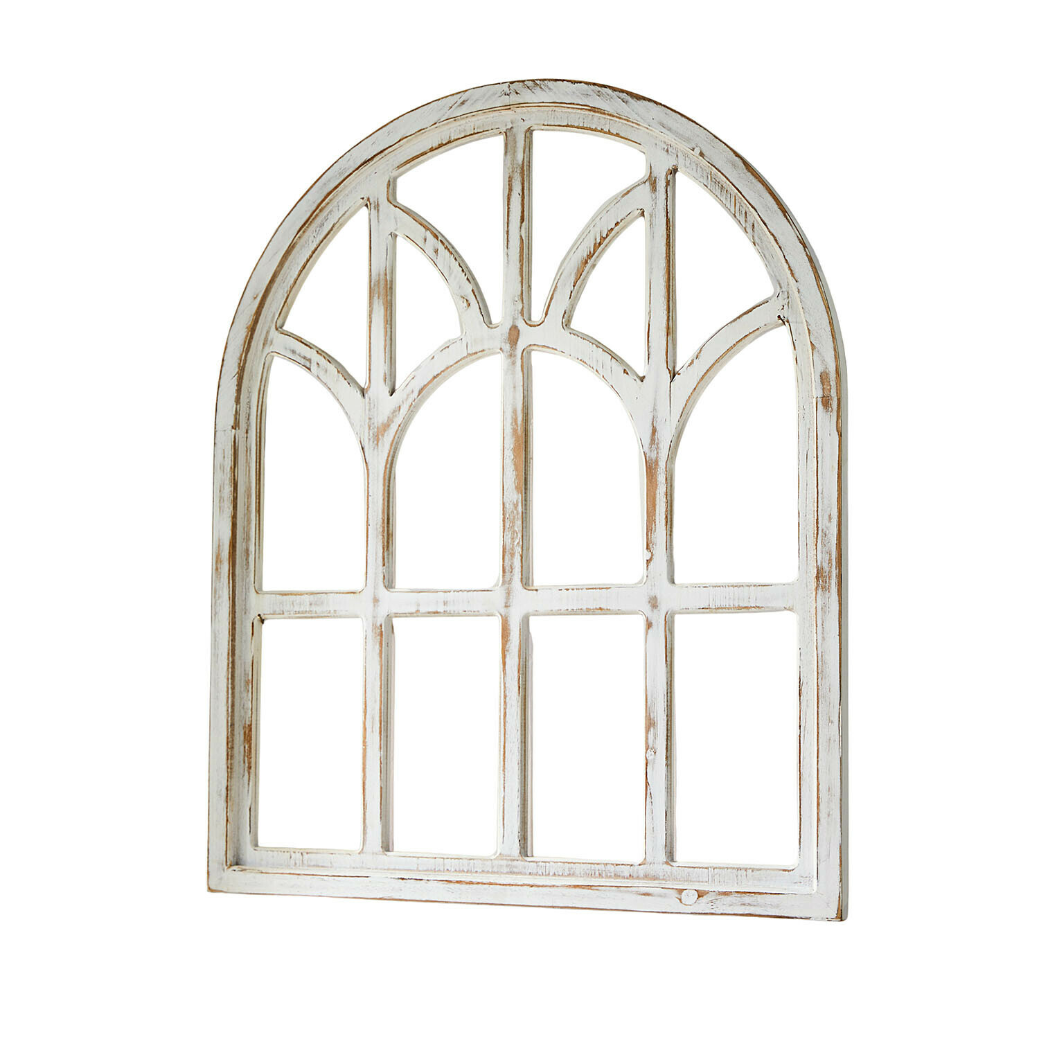 Weißes dekoratives Holzfenster mit Bogenmuster und antikem Finish für Vintage-Inneneinrichtung