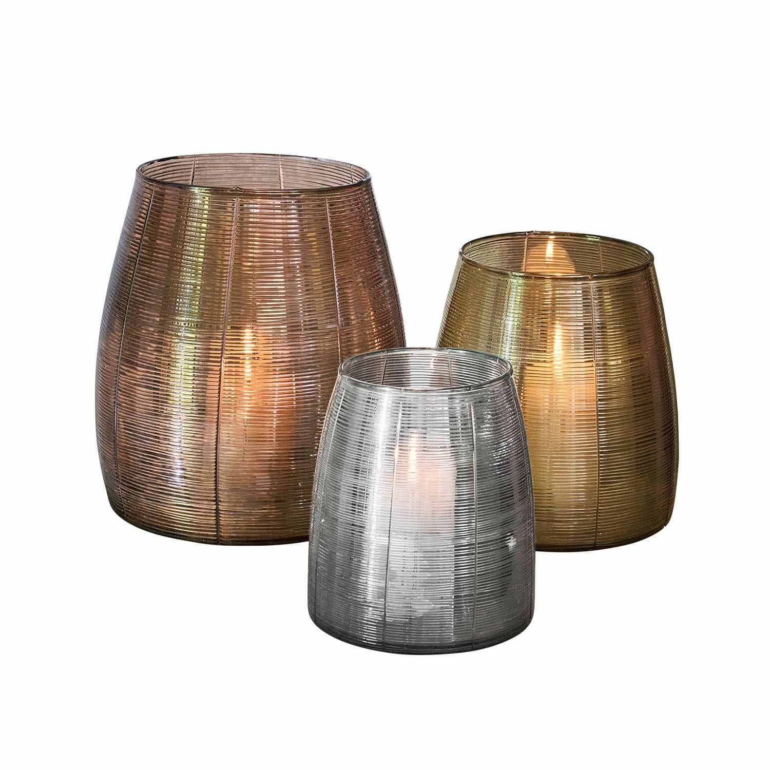 Windlicht 3er Set Uvenar Set aus drei Glaslaternen in Braun, Gold und Silber für stilvolle Wohnraumdekoration