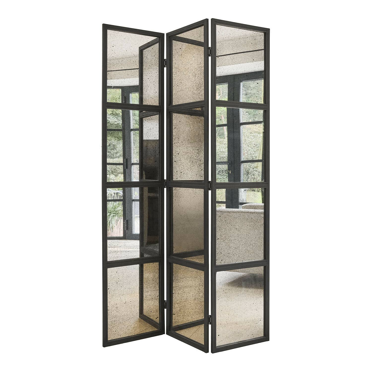 Dreiteiliger Paravent mit schwarzem Metallrahmen und antikem Spiegelglas für Wohnräume