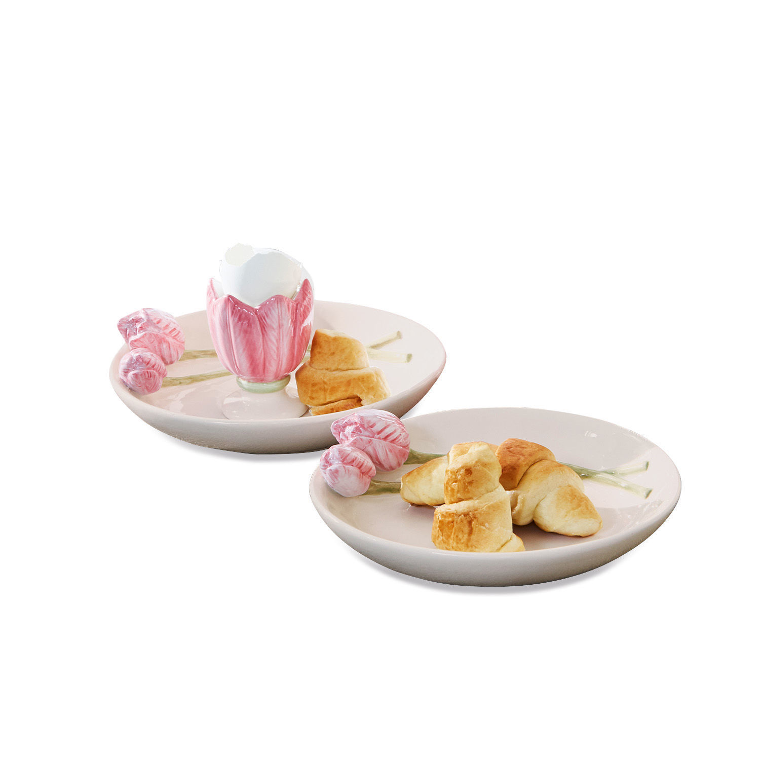 Teller 2er Set Arnemetia Keramikteller mit rosa Blumen und Croissants, dekoratives Geschirr für Snacks