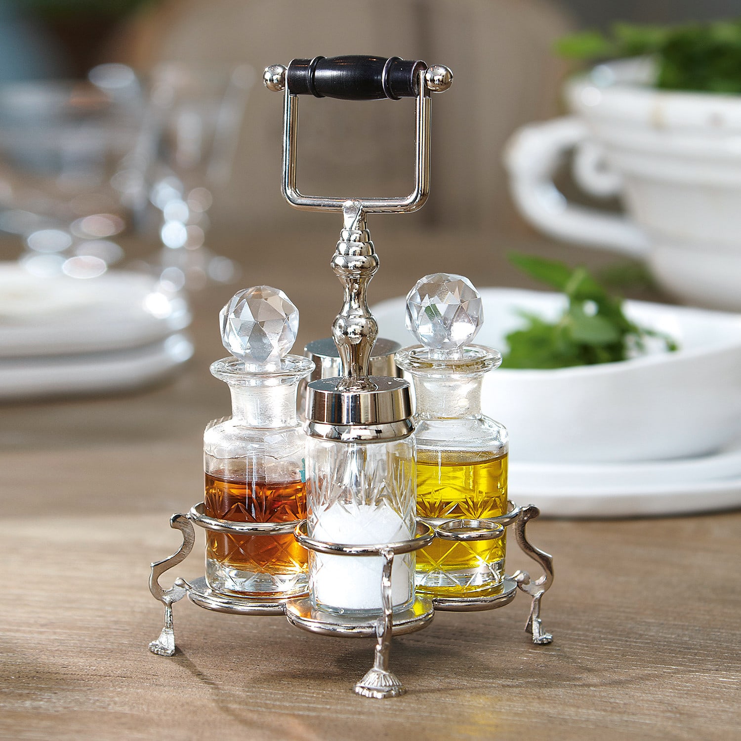 Menage Fayetteville Gewürzset aus Glas und Metall mit Kristallverschlüssen für Öl, Essig und Salz