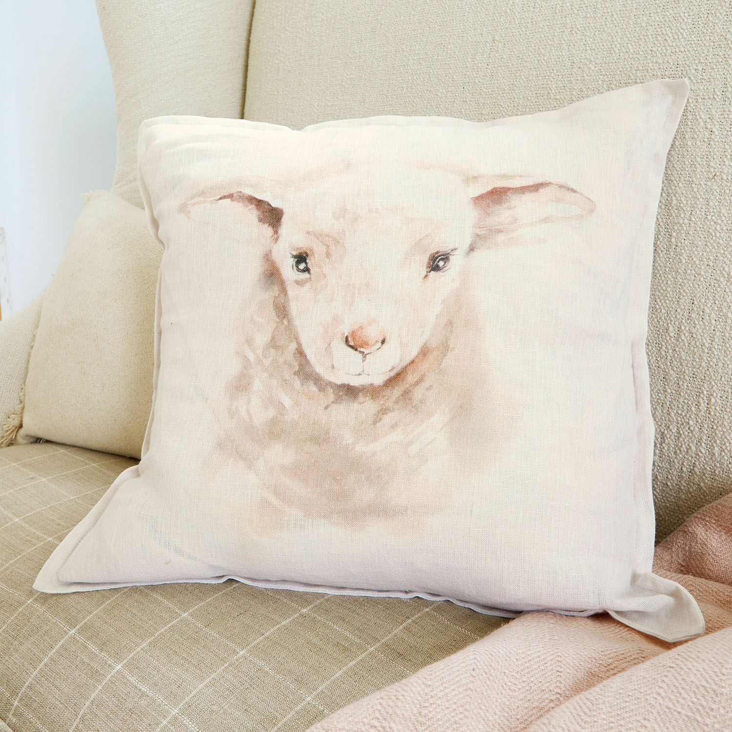 Kissenhülle Xénandrine Beige Leinenkissen mit Lammgesicht-Druck, weiche natürliche Dekoration für Wohnzimmer