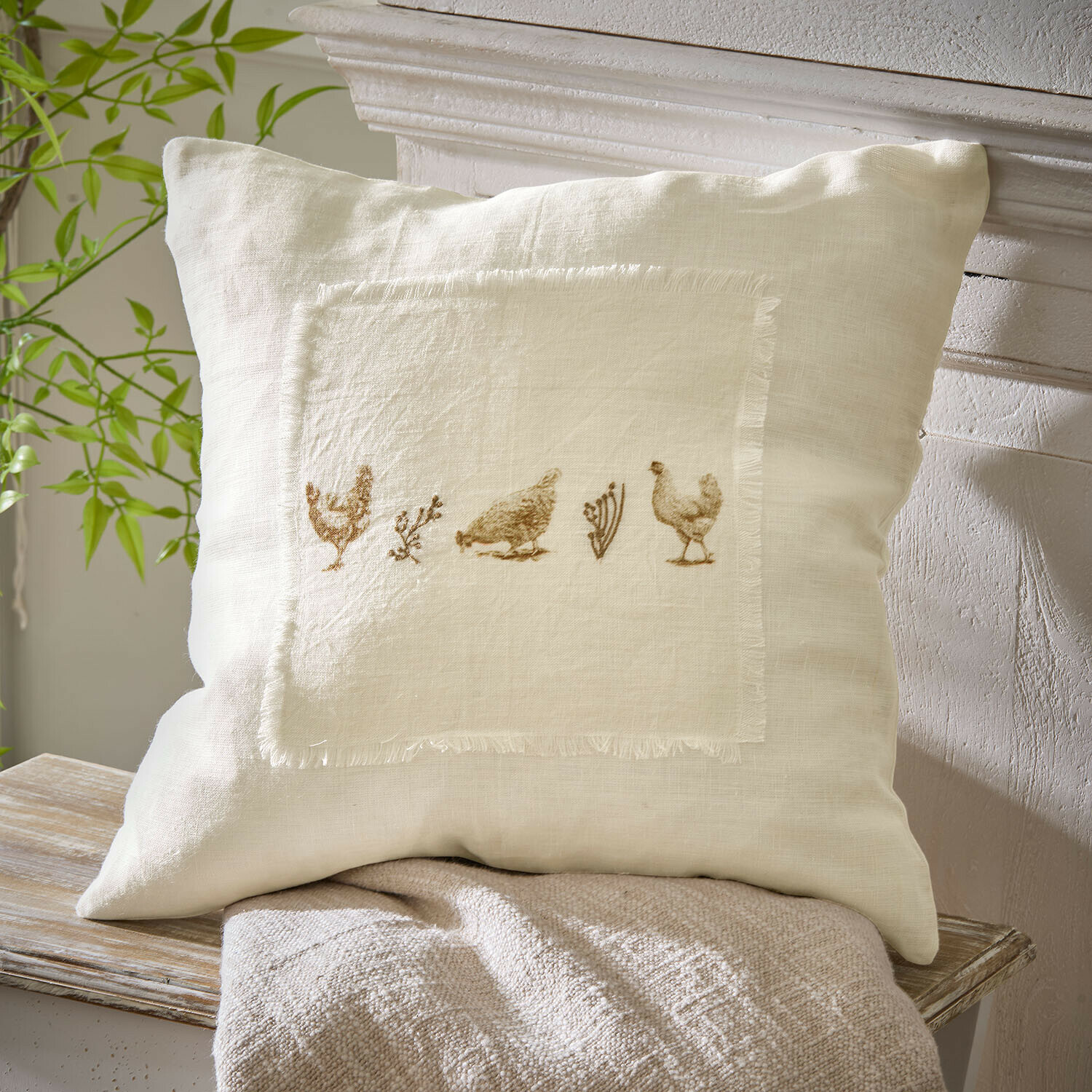 Kissenhülle Chavéreau Beige Leinenkissen mit Hühner- und Pflanzenmotiv, dekoratives Kissen für Wohnzimmer oder Schlafzimmer