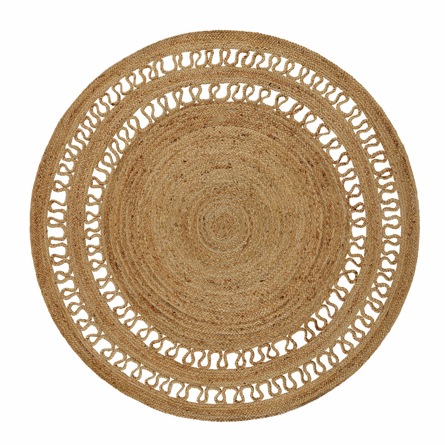 Teppich Nymarion Runder Teppich aus Jute in Naturfarbe mit dekorativem Muster und offenen Schlaufen