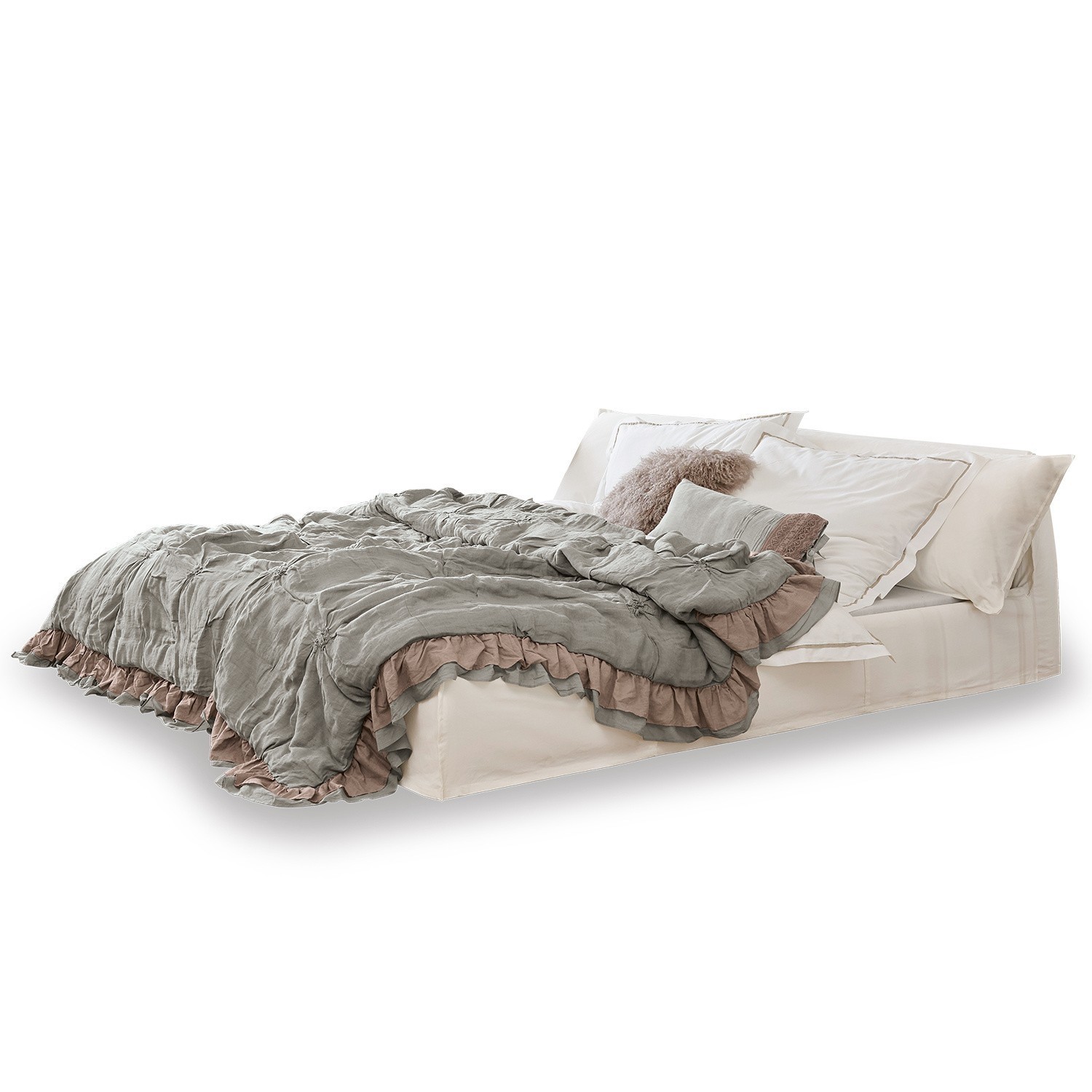 weiß Cottonwood Bett in Creme mit weicher Bettwäsche und Kissen für gemütliches Schlafzimmer