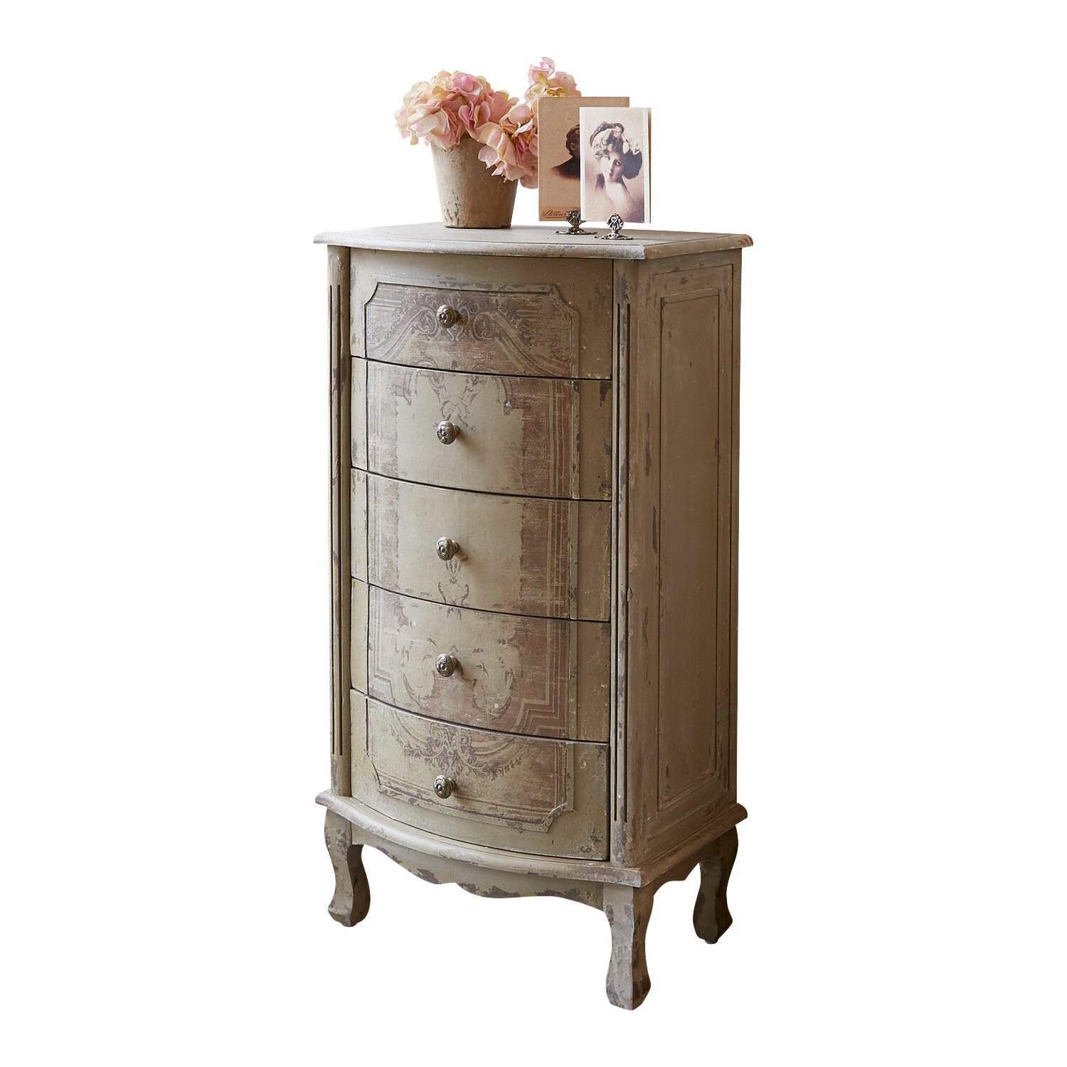 Kommode Estere Elegante Holzkommode in beige mit fünf Schubladen und dekorativem Vintage-Muster