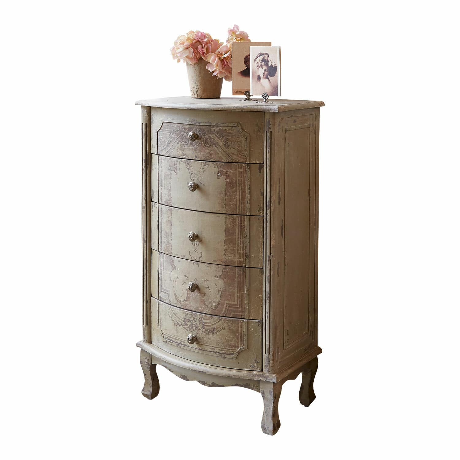 Kommode Estere Elegante Holzkommode in beige mit fünf Schubladen und dekorativem Vintage-Muster