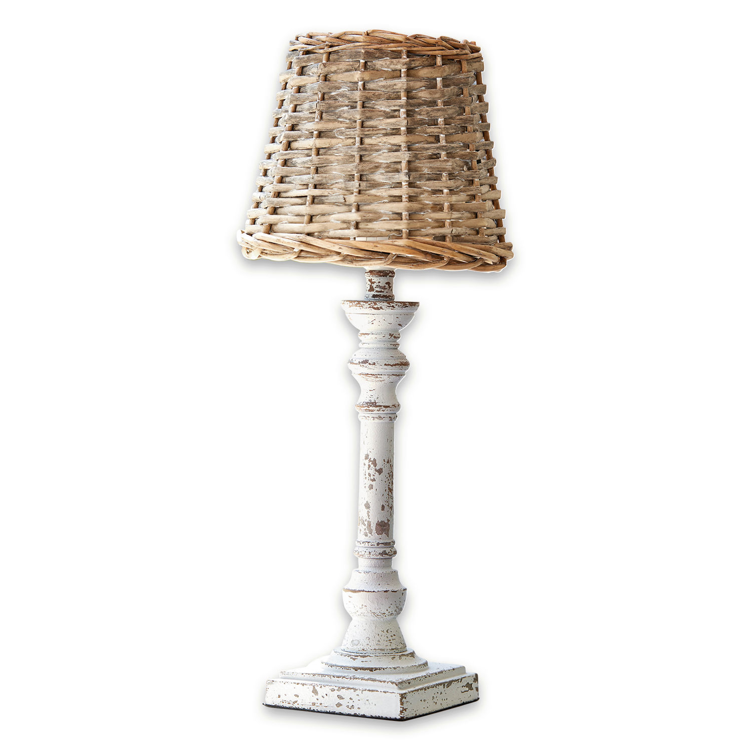 braun/antikweiß Tischlampe Noelie aus antikweißem Holz mit geflochtenem Lampenschirm aus Rattan