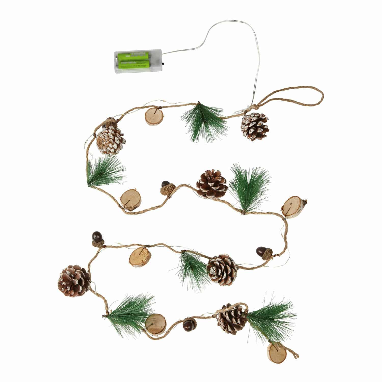 Lichterkette Clay Weihnachtsgirlande mit Zapfen, grünen Zweigen und Holzscheiben an Kordel, batteriebetrieben