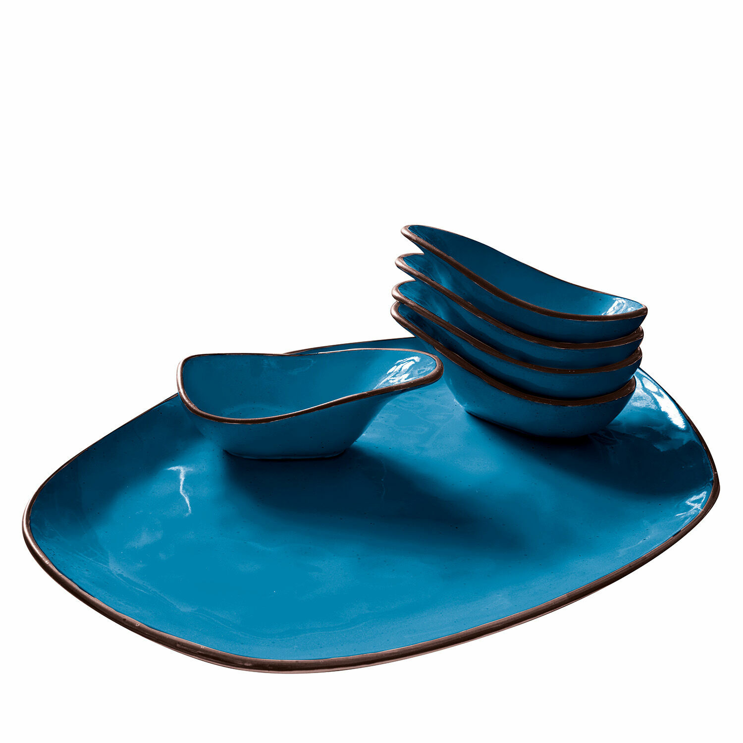 blau 6-teiliges Set blaue Keramikschälchen mit großem Servierteller und braunem Rand