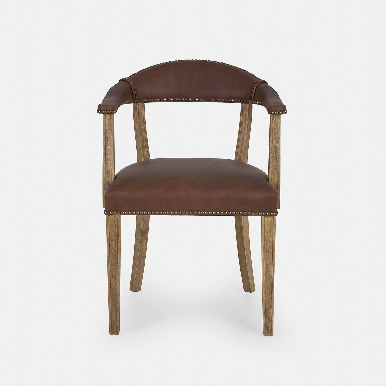 Stuhl Heaton Stuhl aus braunem Leder und Eichenholz mit dekorativen Nägeln, Vintage-Stil für Wohnzimmer
