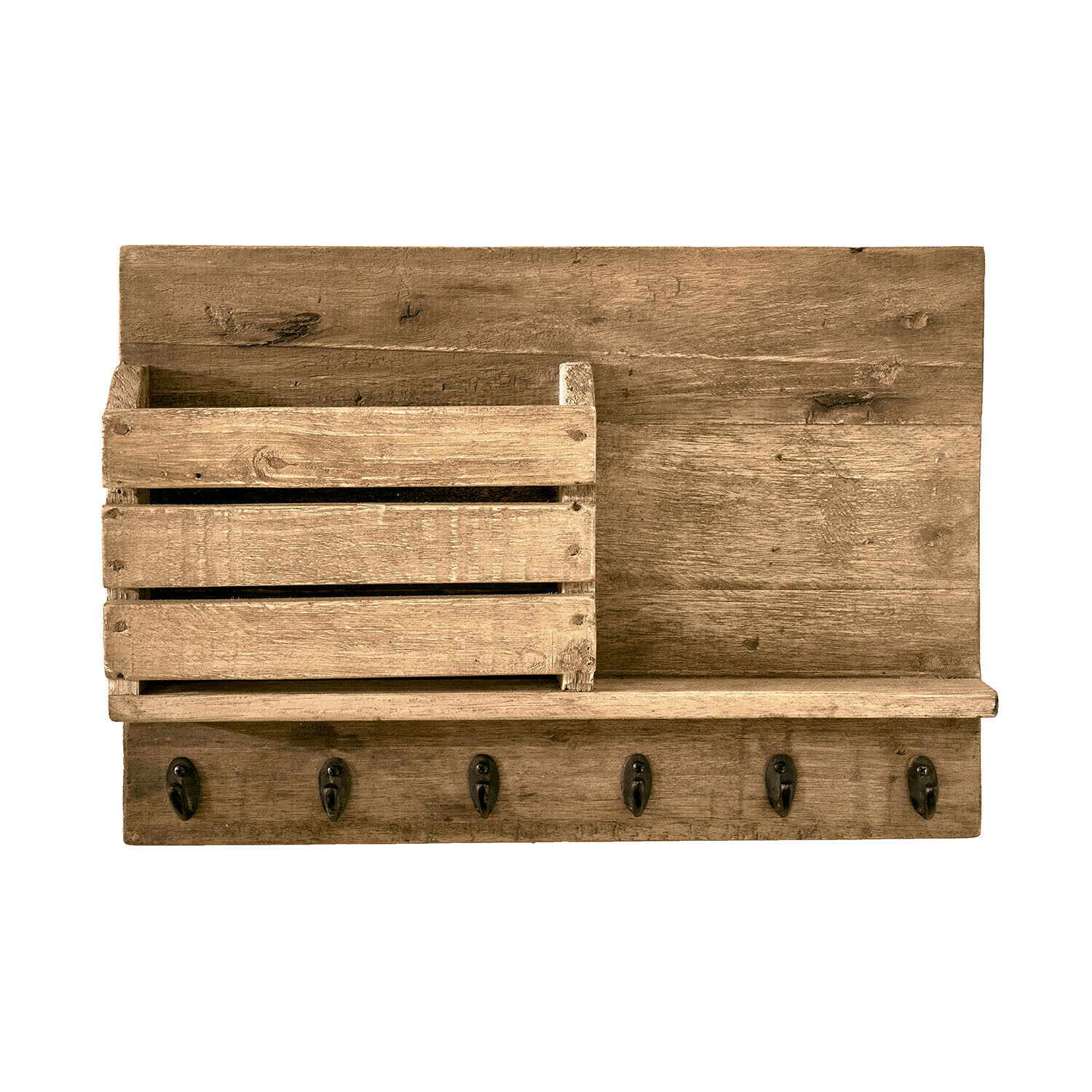 Wandregal aus Naturholz mit Haken und Kiste zur Aufbewahrung von Kleinteilen