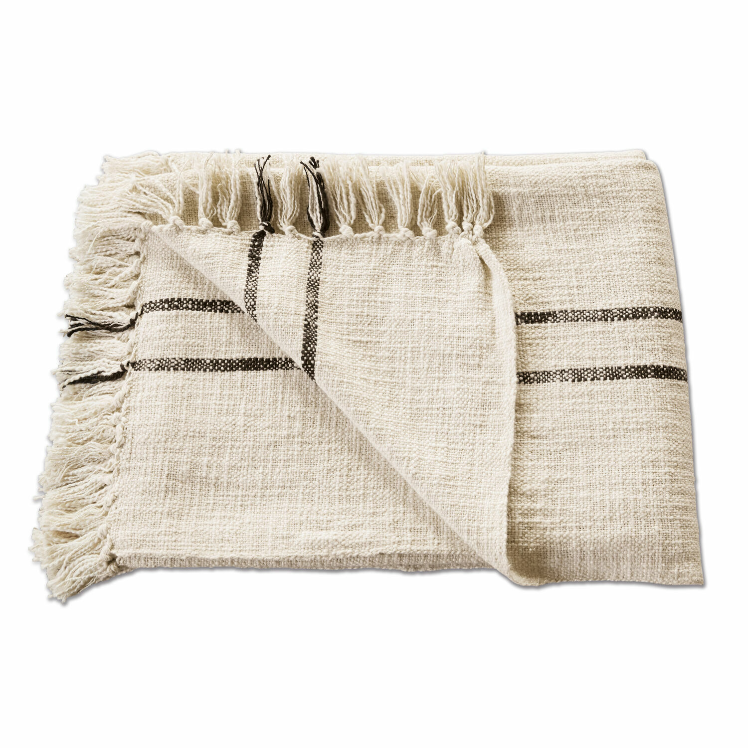 Plaid Toos Beige Decke mit Fransen und schwarzen Streifen aus weichem Stoff für gemütliche Wohnakzente