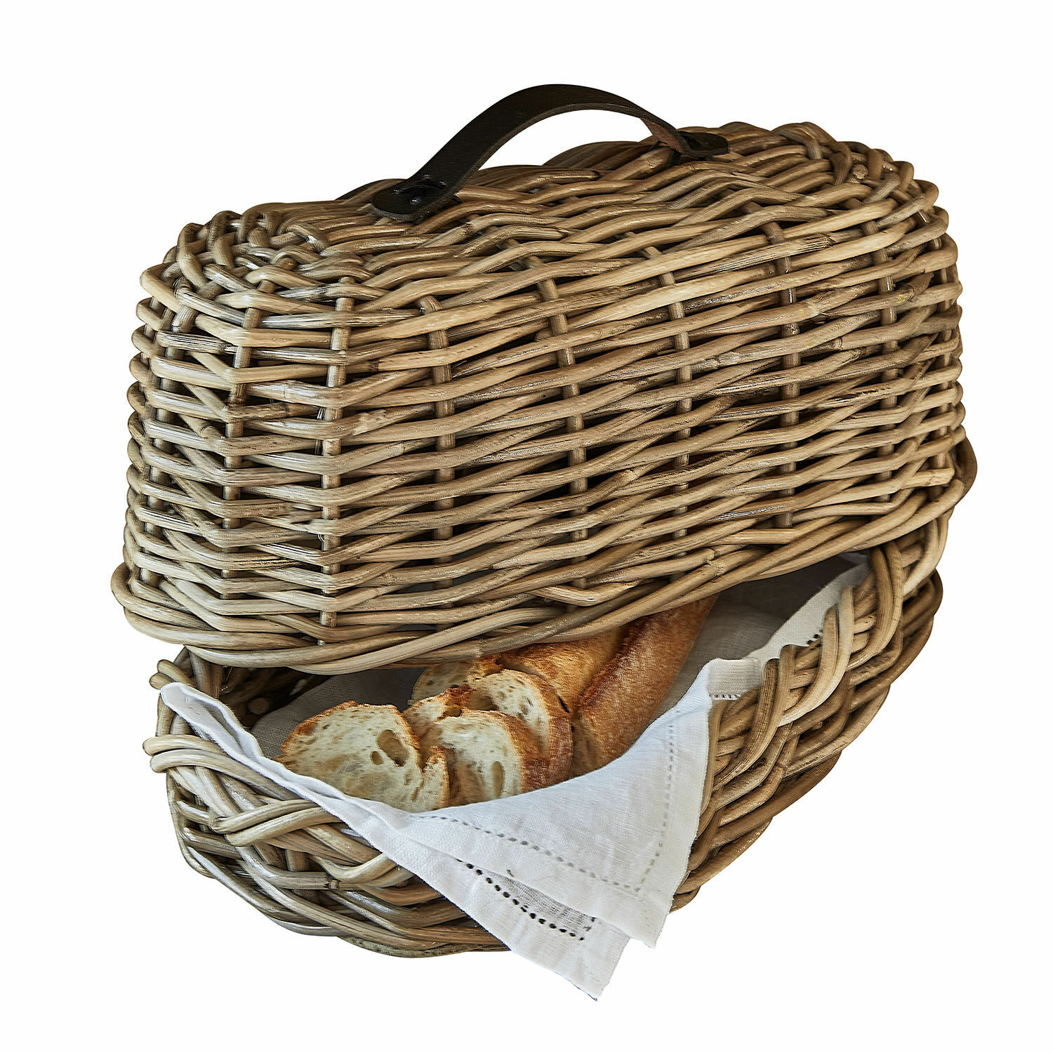 Brotbox Gioialetto Brotkorb aus natürlichem Rattan mit weißem Tuch und Baguette im Inneren