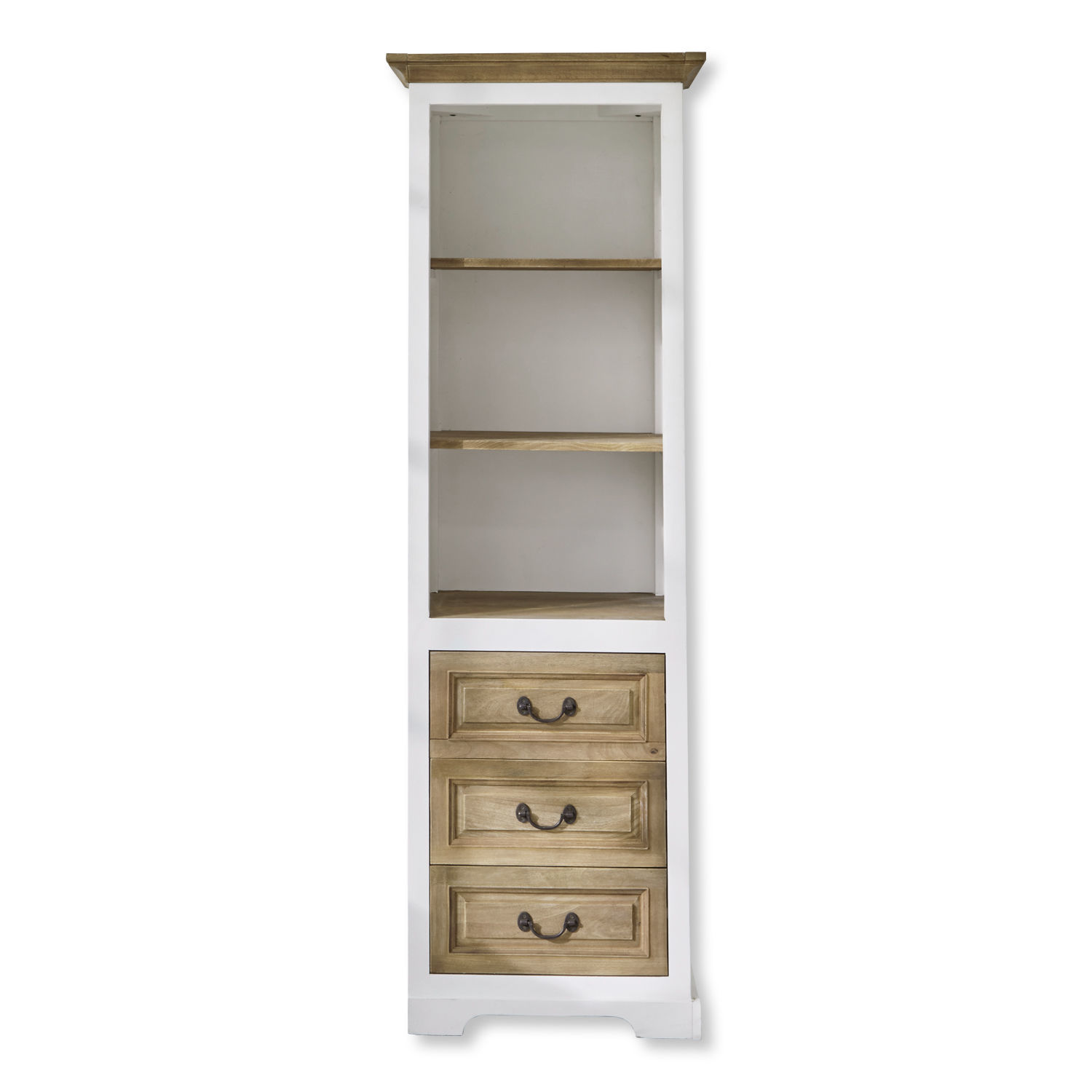 Schrank Degarmo Hoher weißer Holzschrank mit drei Schubladen und hellen Holzregalen im Landhausstil