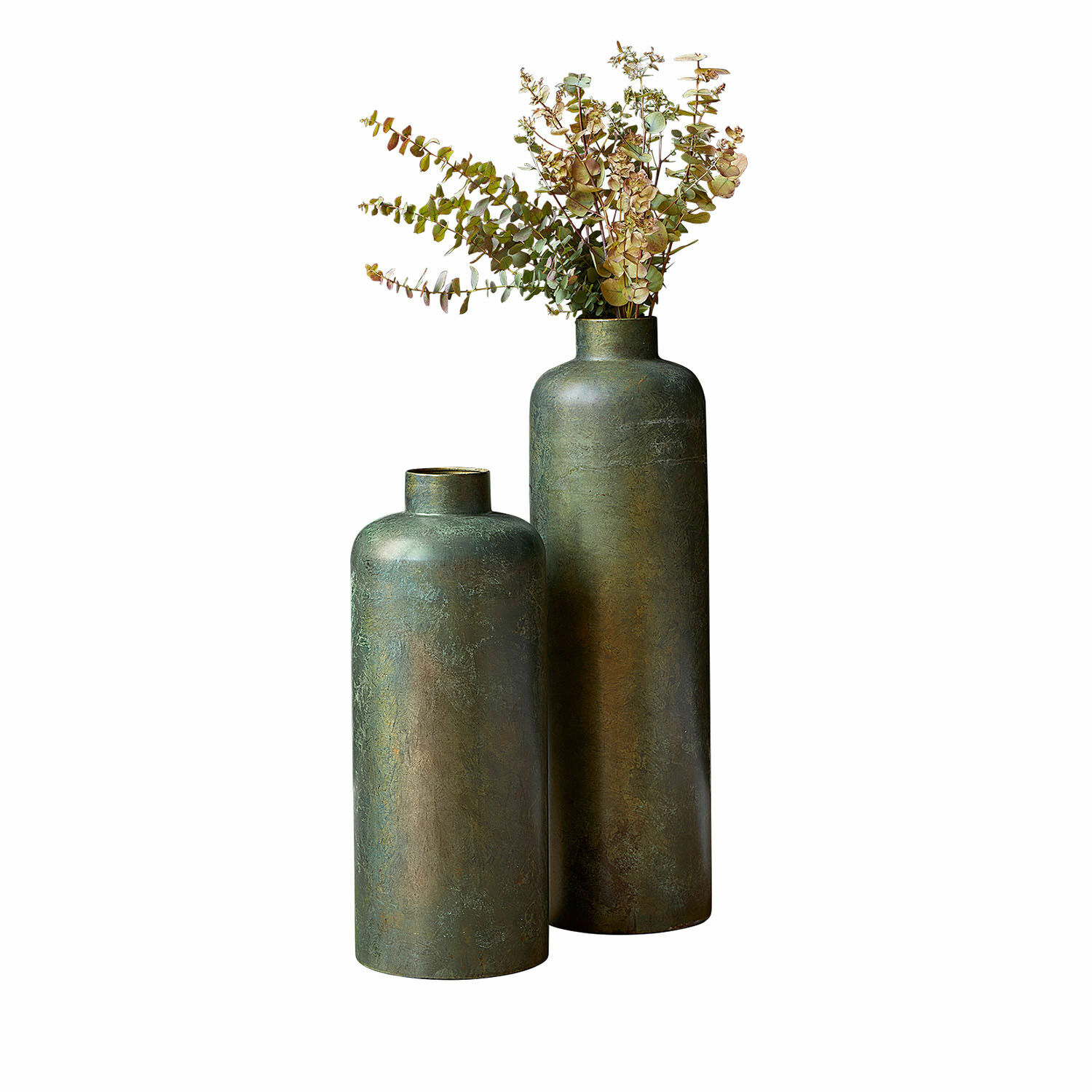 Vase 2er Set Darwani Set aus zwei Metallvasen in grün-brauner Farbe für stilvolle Wohnraumdekoration