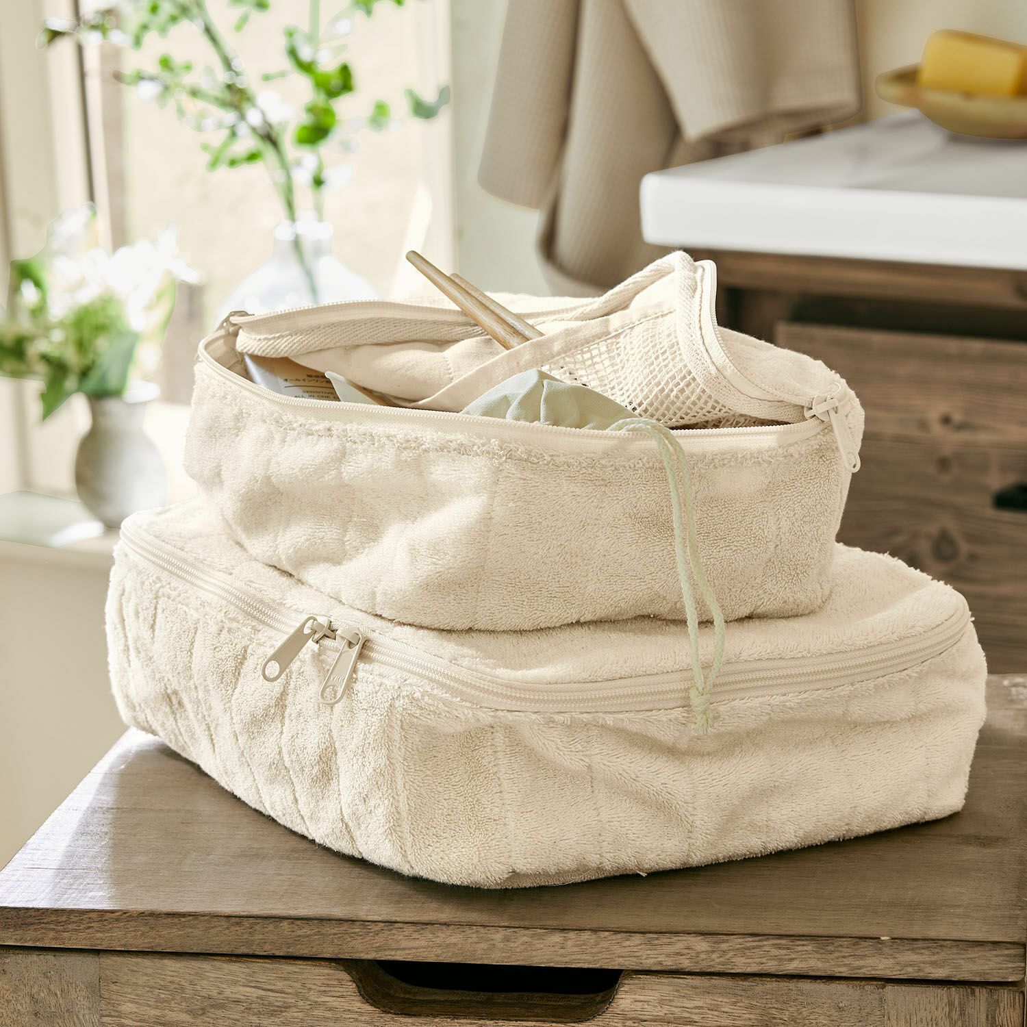 Kosmetiktasche 2er Set Invarel Beige weiches Frottee-Etui mit Reißverschluss zur Aufbewahrung im Haushalt
