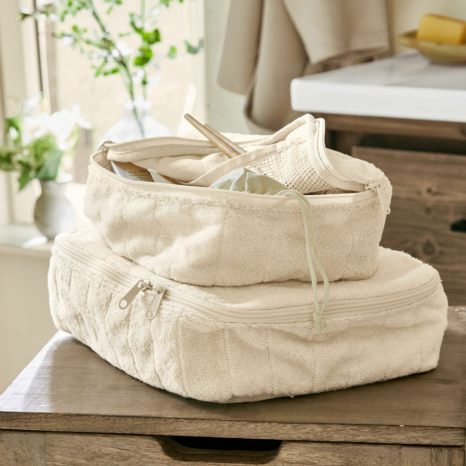 Kosmetiktasche 2er Set Invarel Beige weiches Frottee-Etui mit Reißverschluss zur Aufbewahrung im Haushalt