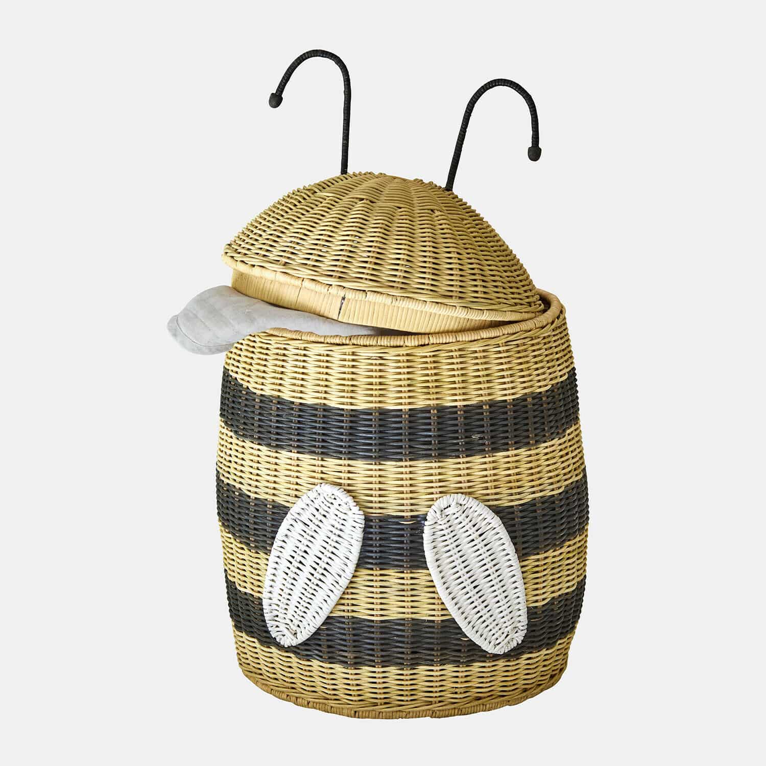 Hummelkorb Fluttery Rattankorb in Bienenform mit gelb-schwarzen Streifen, weißen Flügeln und schwarzen Fühlern