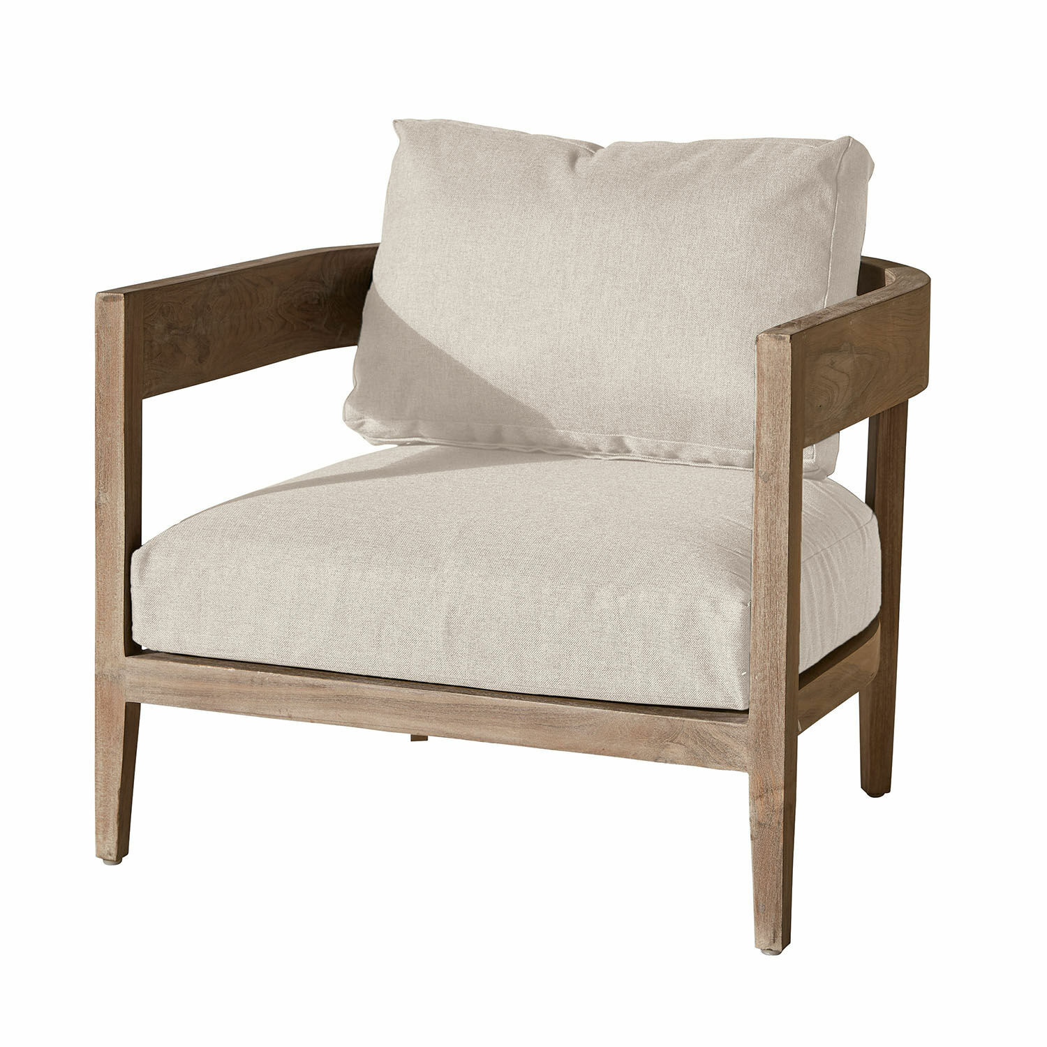 creme/braun Sessel Courtelevant mit cremefarbenem Stoff und braunem Holzrahmen, moderner Wohnzimmersessel