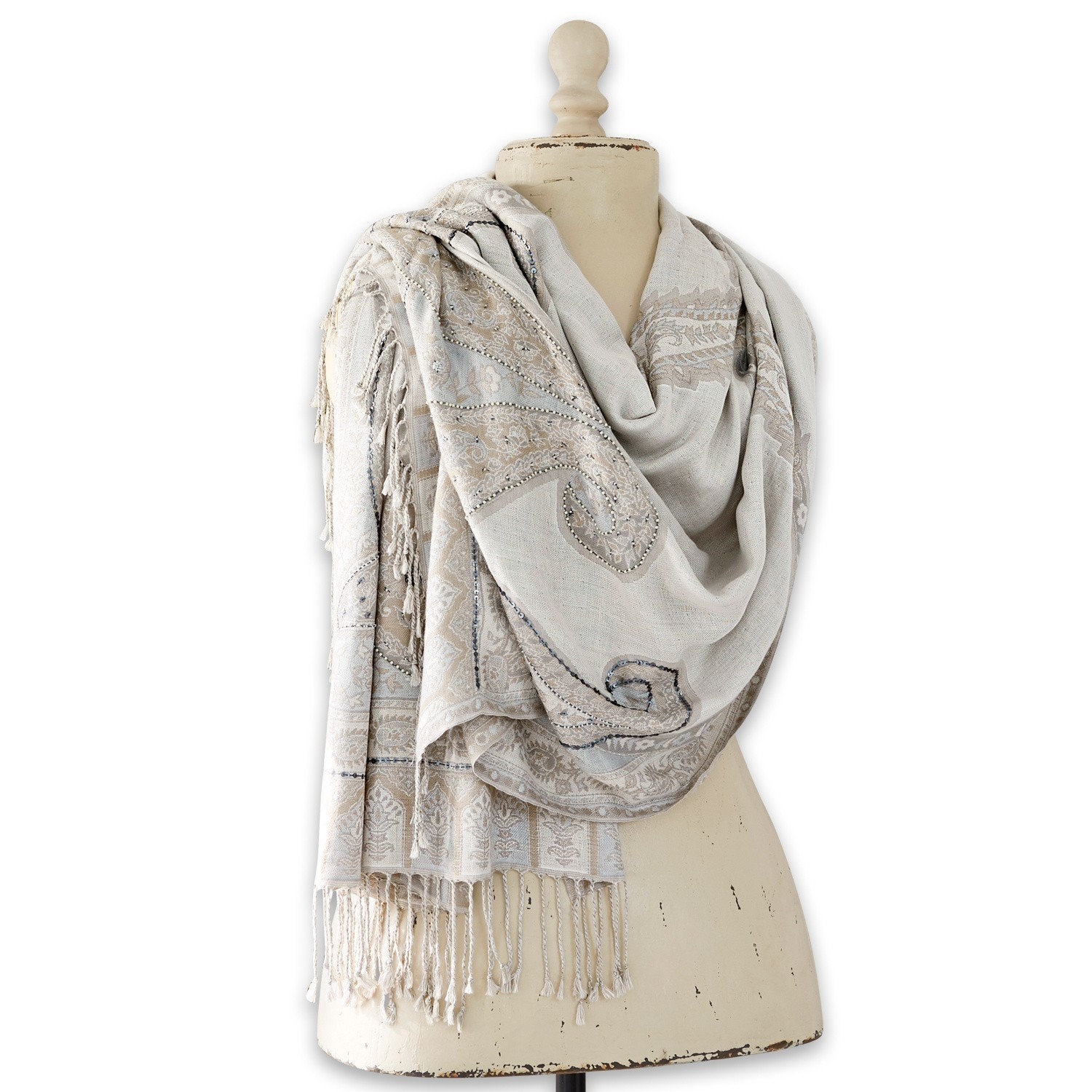Schal Moyra Beiger Schal mit Muster und Fransen aus weichem Material, modisches Accessoire für kühle Tage