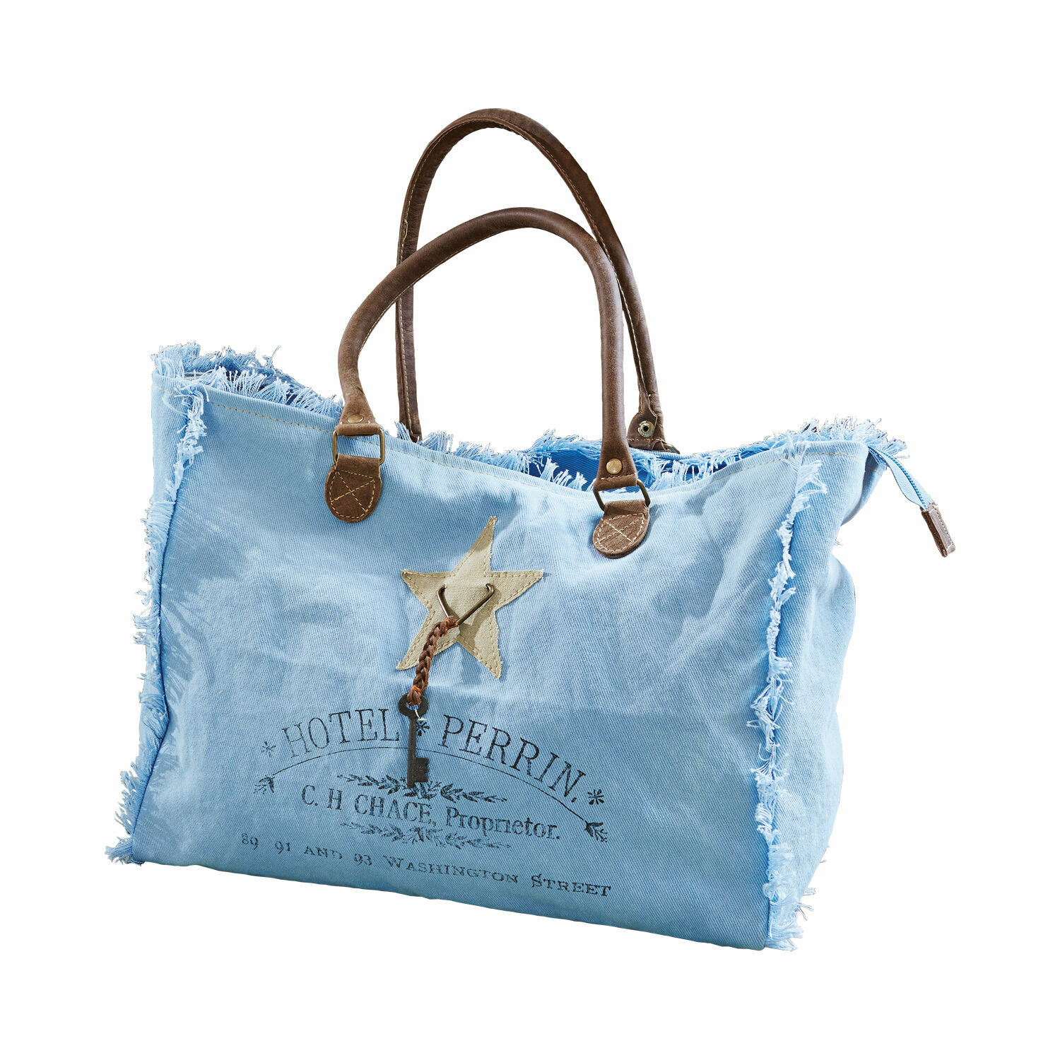 Tasche Elora Hellblaue Stofftasche mit braunen Griffen und dekorativem Schlüssel im Vintage-Stil