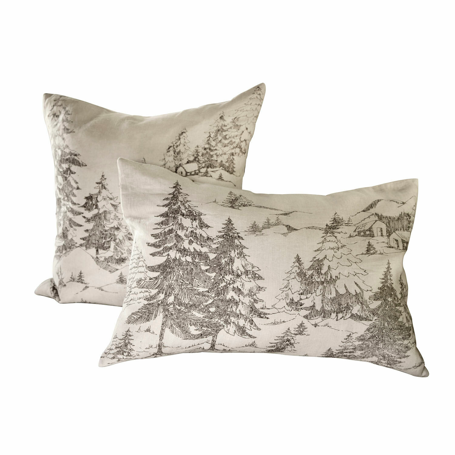 Kissenhülle 2er Set Fabrielle Set aus zwei beigen Leinenkissen mit Waldlandschaftsprint, dekorative Kissen für Wohnzimmer